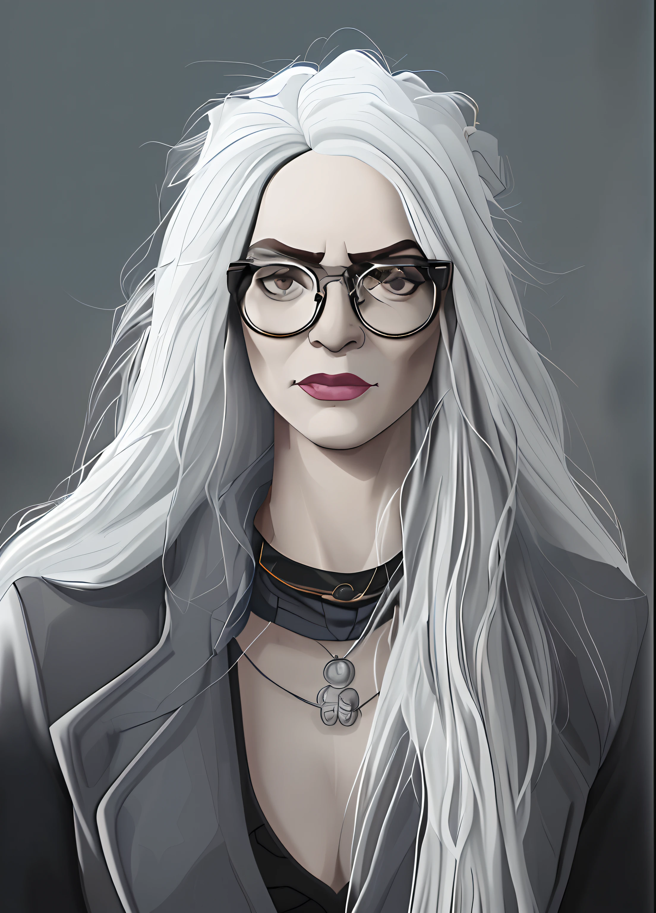 corrigir rosto, Closeup of a woman scientist in glasses, pele marrom, Cabelo branco, olhar raivoso, horns on head