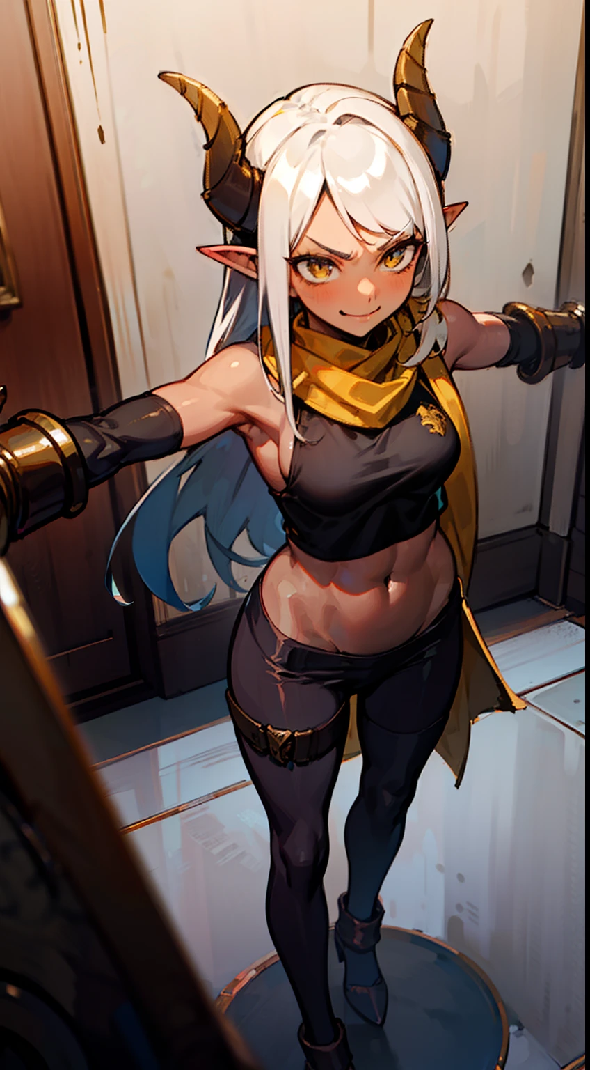 girl,(((dark skin))), hidden arms,long hair, white hair,curly hair,yellow eyes,villain,psycho,villain smile, psychopath, angry, medium boobs,show belly,gold armor outfit, black small shirt,black horns,black pantyhose,elves ears,yellow scarf,standing inside of a castle