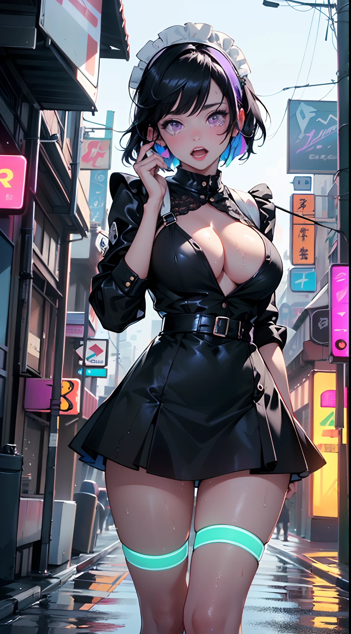 maid girl,(((1girl))),((maid girl with extremely cute and beautiful black hair)),
(large breasts:1.4),bountiful breasts,fluffy breasts,H cup bust,bust up,bulging bust top,(((black bob hair:1.35,colored inner hair,short hair,ear breathing))),(((neon_purple_eyes:1.3))),intricate eyes,beautiful detailed eyes,symmetrical eyes,big eyes:1.3,((fat)),(((lustrous skin:1.5,bright skin: 1.5,skin tanned,shiny skin,very shiny skin,shiny body,plastic glitter skin,exaggerated shiny skin,illuminated skin,wet legs))),(spider lower abdomen,narrow waist,wide hip,athletic body,inflated legs,detailed body,(detailed face)),
cute,slutty,seductive,erotic,((nsfw)),
zettai ryouiki,(maid headdress),maid uniform,Headdress,(maid),sleeveless,mini skirt,boots,cleavage cutout,bare legs,clothes with a lot of lace frills,((wet clothes,intricate outfit,intricate clothes)),
(dynamic pose:1.0),solo focus,embarrassed,blush,sweat,((tears,open mouth)),moist eyes,(centered,scale to fit dimensions,Rule of thirds),
cyberpunk city by the ocean at night, with bright neon signs and dark stormy clouds and puddles, scenery:1.25,
artistic photography,(photography taken by sldr),highres, sharp focus, (ultra detailed, extremely detailed), (photorealistic artwork:1.37),(extremely detailed CG unity 8k wallpaper),((synthwave background theme)),(((vibrant colors))),(intricate background),(masterpiece),(best quality),