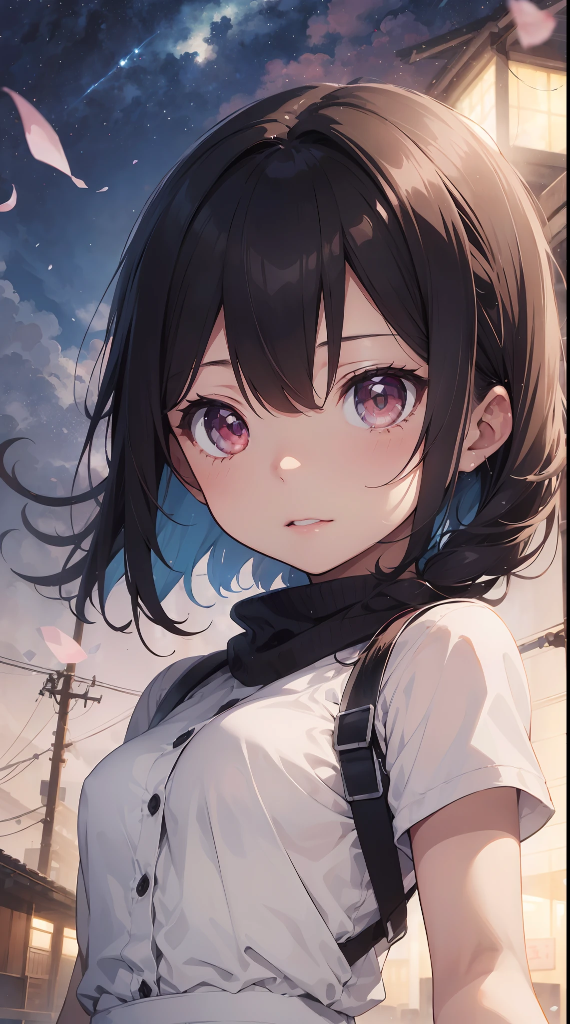 (mystical:1.4), Cosmos Field、 (1girl in, Solo:1.4), Cute, (Chibi:1.6),Detailed small breasts, Raise your left hand、Rising Sun rains down on her left hand in a fantastic scene、A fantastic pre-beat where strong winds materialize all over the area and cosmos petals soar、Visual effects that make her spot beautiful、 ((Writing line transparency Highest quality Best work Concept art.))、Beautiful illustration, pastel color, Illustration style, Realistic skin feeling, Realistic materials、watercolor paiting, A background with detail, three-dimensionality and depth