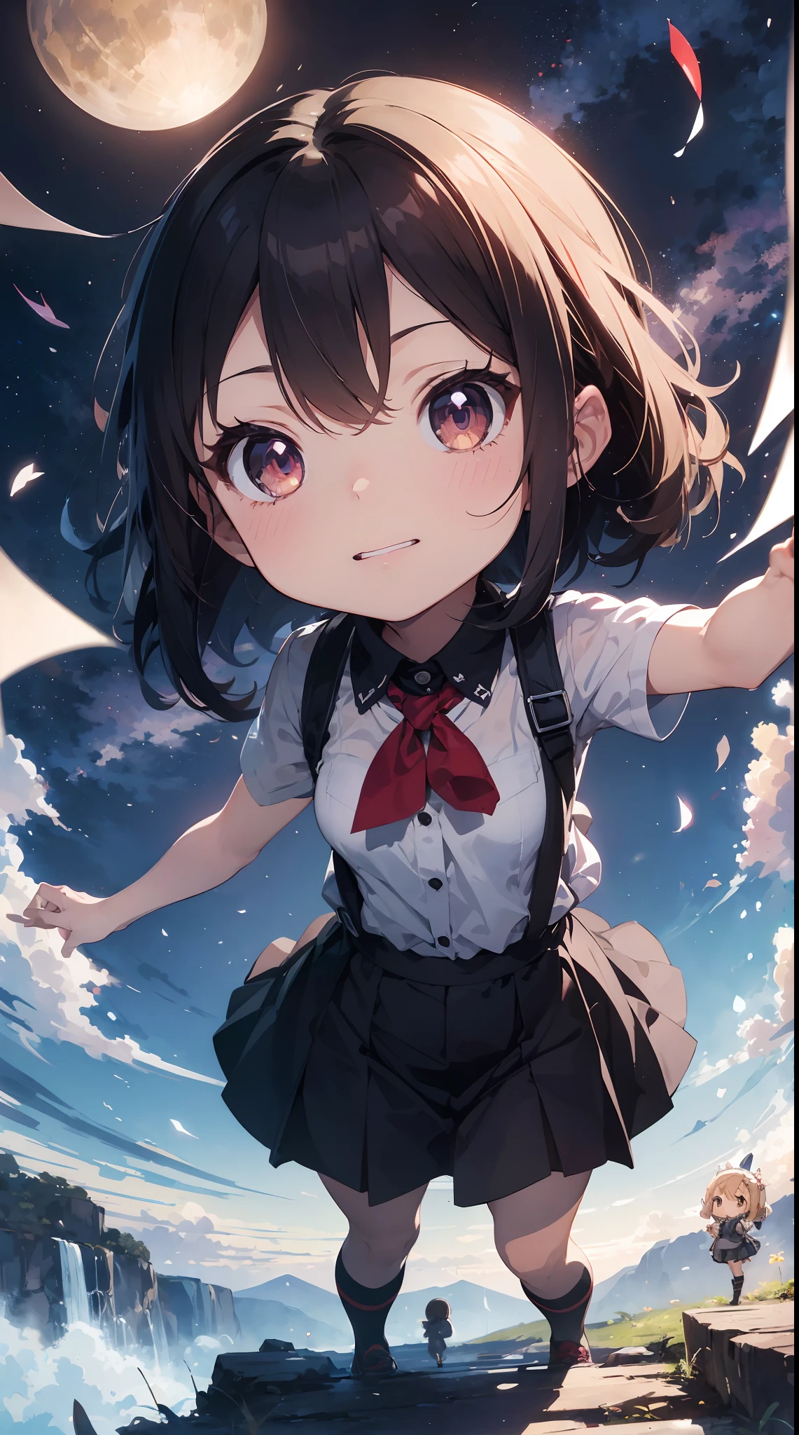 masutepiece, Best Quality, Detailed small breasts, Beautiful illustration, pastel color, Illustration style, Realistic skin feeling, Realistic materials、watercolor paiting, (Mysterious:1.4), Cosmos Field、 (1girl in, Solo:1.4), Cute, (Chibi:1.6),　Rising Sun Rains Down、A fantastic pre-beat in which the petals of the cosmos soar by materializing the strong wind ((Writing line transparency Highest quality Best work Concept art.))