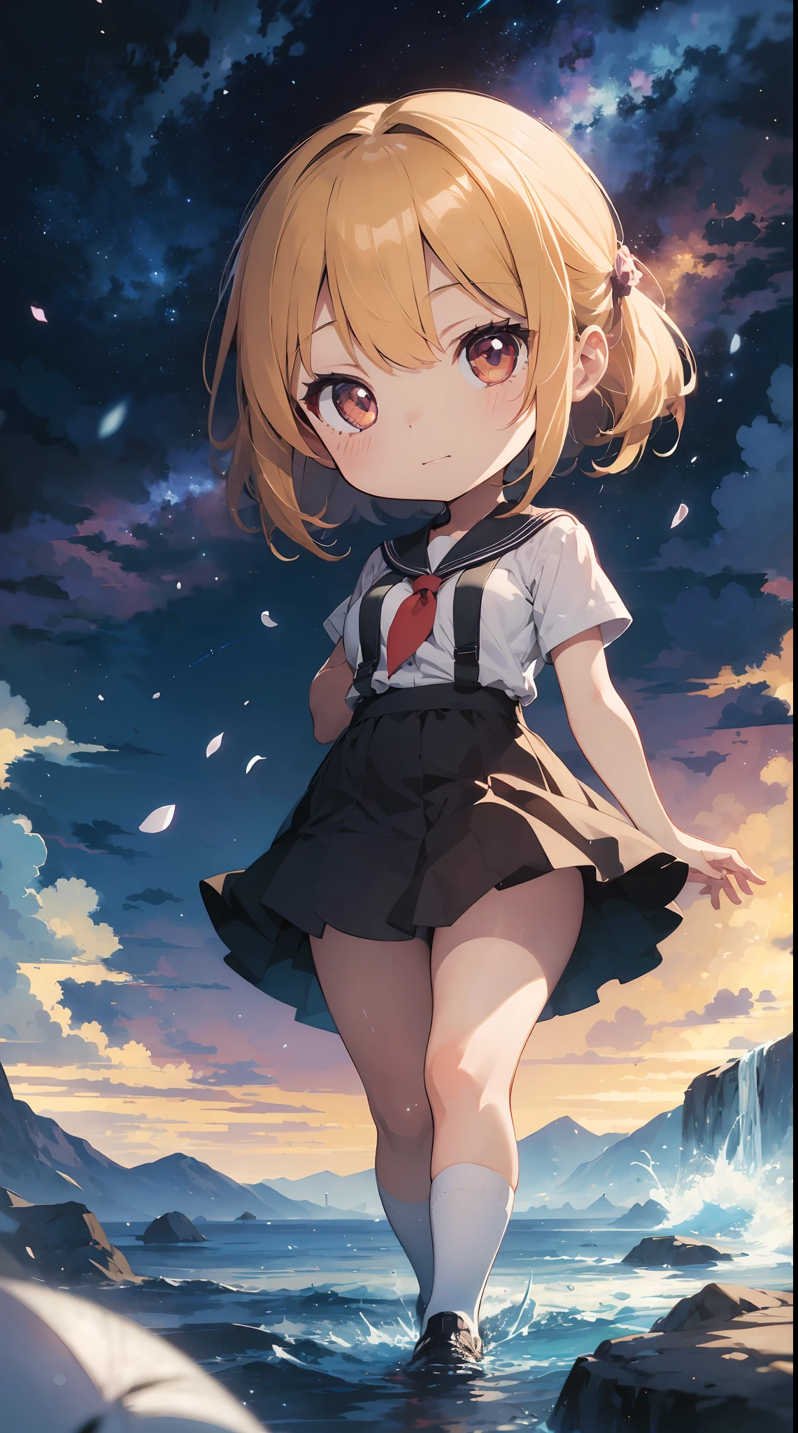 masutepiece, Best Quality, Detailed small breasts, Beautiful illustration, pastel color, Illustration style, Realistic skin feeling, Realistic materials、watercolor paiting, (Mysterious:1.4), Cosmos Field、 (1girl in, Solo:1.4), Cute, (Chibi:1.6),　Rising Sun Rains Down、A fantastic pre-beat in which the petals of the cosmos soar by materializing the strong wind ((Writing line transparency Highest quality Best work Concept art.))