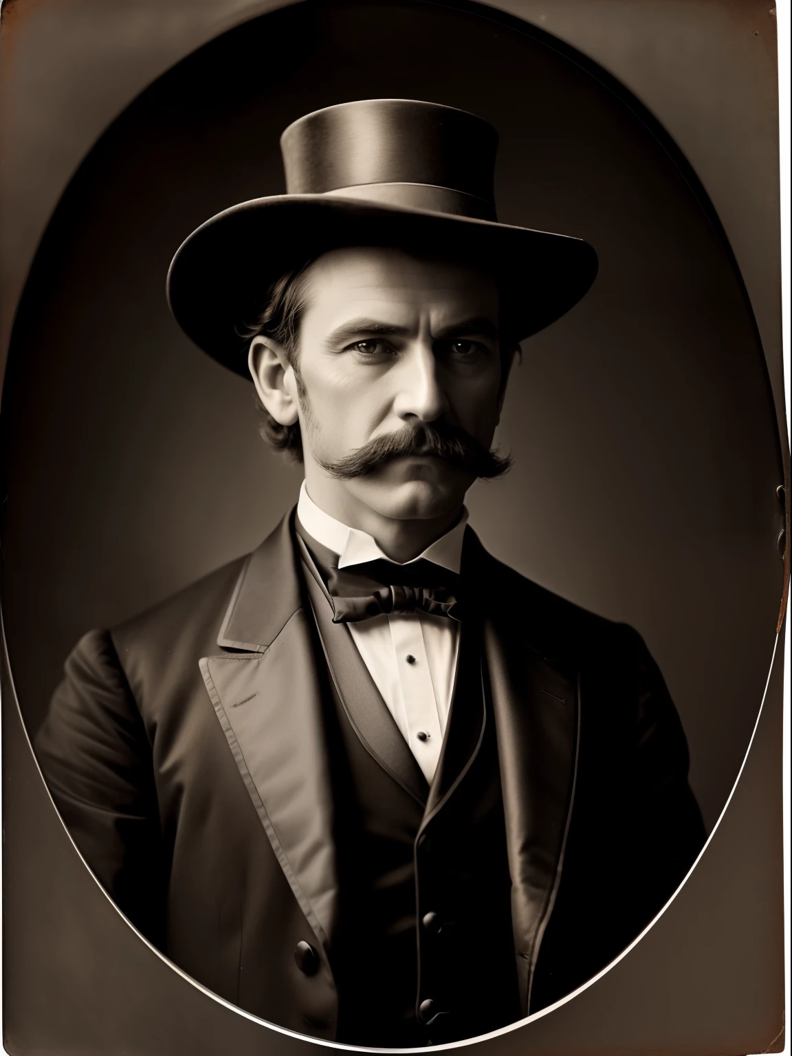 (Masterpiece) Close up of an insanely handsome Victorian gentleman wearing a tuxedo and a hice hat, vintage sepia photography, outdoor photography, extremely inviting look, front look, looking at the camera, very old and torned photo