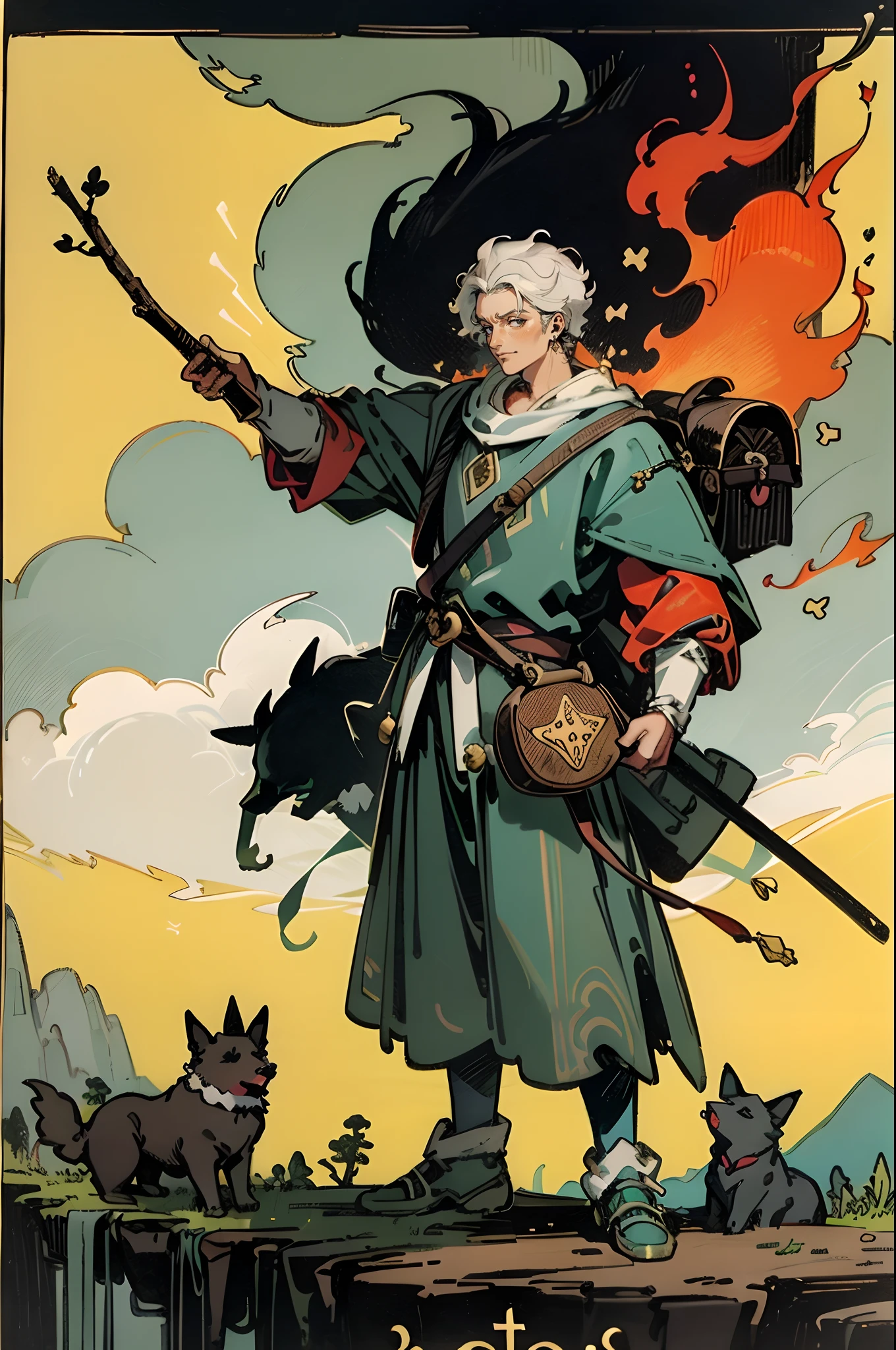 tarot card, the fool, man, bindle, stick and bag, cliff, dog