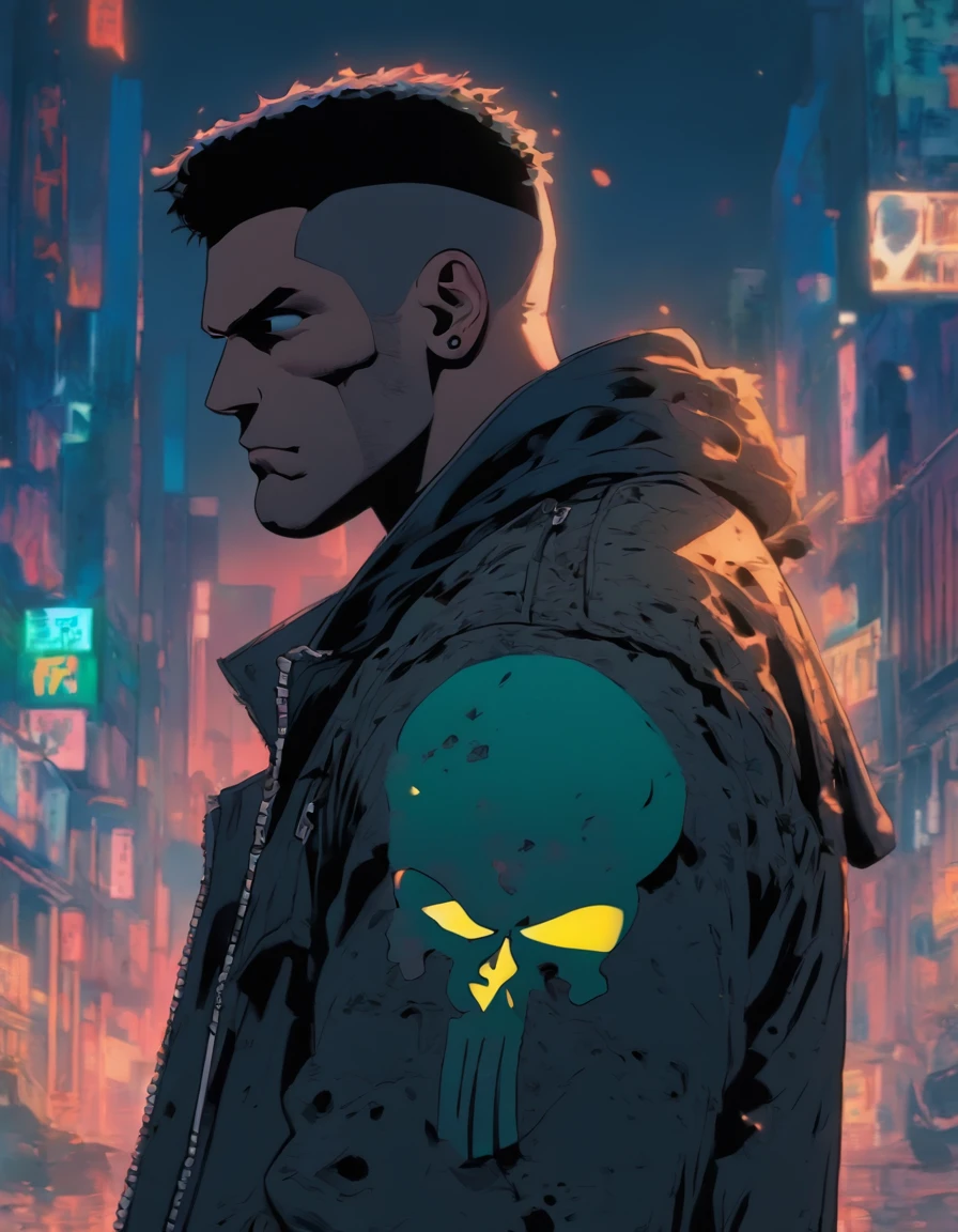 The Punisher as a 19-year-old wears a black T-shrit skull and a black jacket ,Yusuke Murata Artstyle, Anime One Punsh Man Style d’art anime , mappa studio animation style