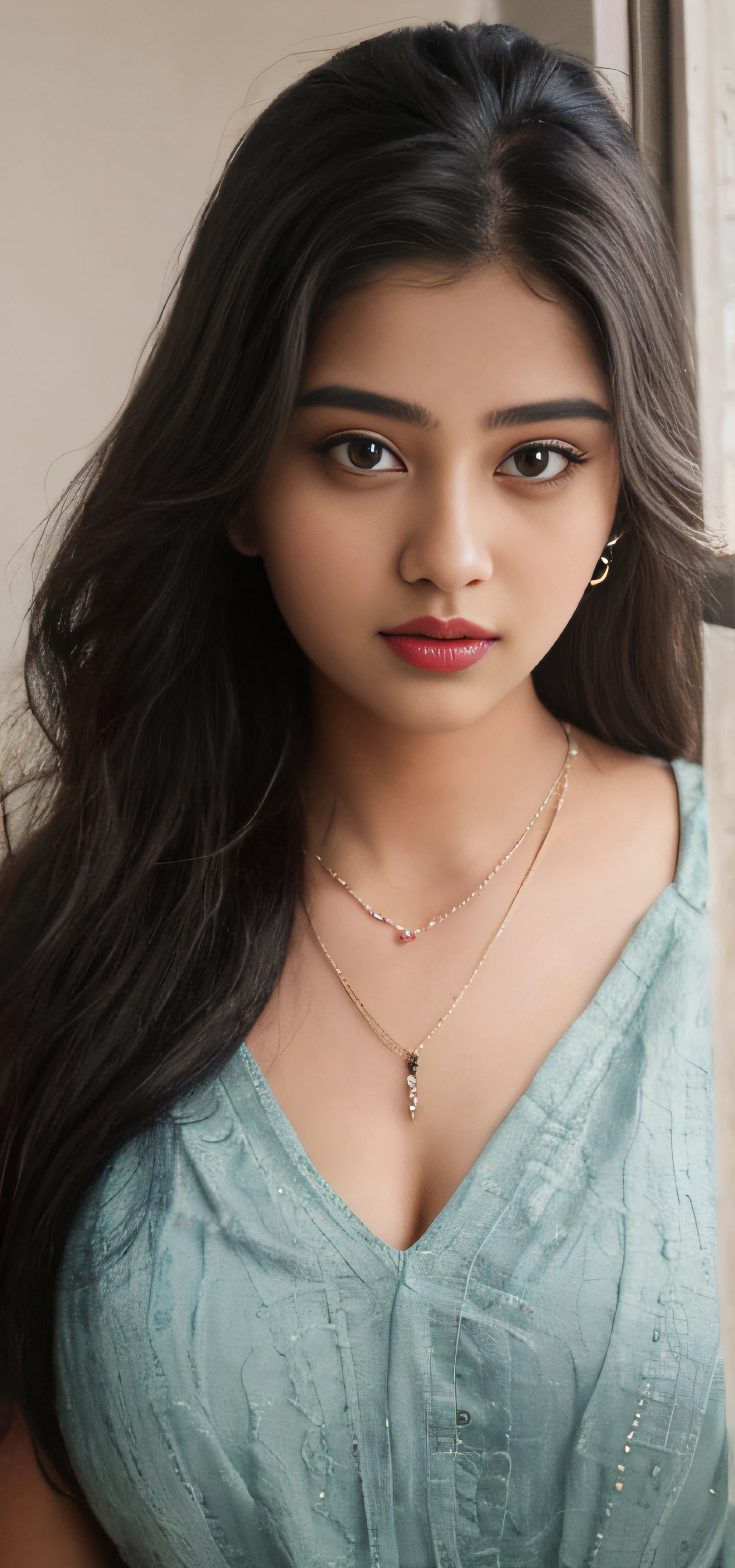 there is a woman with long hair and a necklace with a red lipstick, with accurate face, indian chubby aesthetic, very beautiful girl, beutiful face, with lovely look, cute beautiful, srilanka female, beuatiful face, with cute - fine - face, very beautiful enga style, 18 years old, very very very beautifull face, with kind face