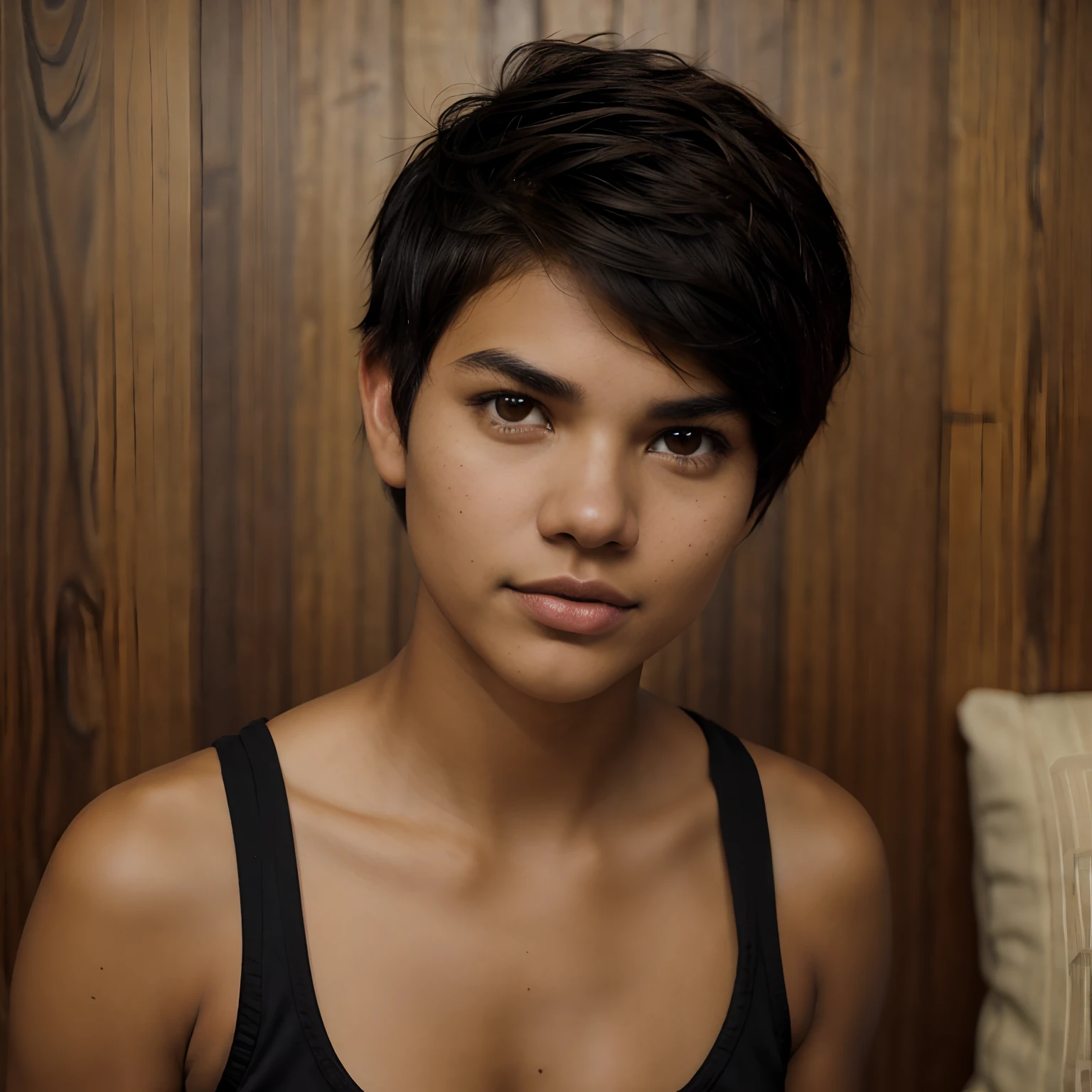 A Professional Photo Of An Indigenous Young Woman, ((Tupi Guarani Girl)), ((Tupinambá)), (21 Years Old), Tanned Skin Tone, ((Face Features Of Taylor Lautner)), ((Androgynous Face Features)), ((Pixie Cut Hair)), Curly Black Hair, Flowy Hairstyle, Messy Hair, Pores, Realistic Skin, Brown Eyes, Wearing Makeup, Wearing Streetwear Clothing Style, Studio Background, 90s Style Photography, Mugshot, Face Focused