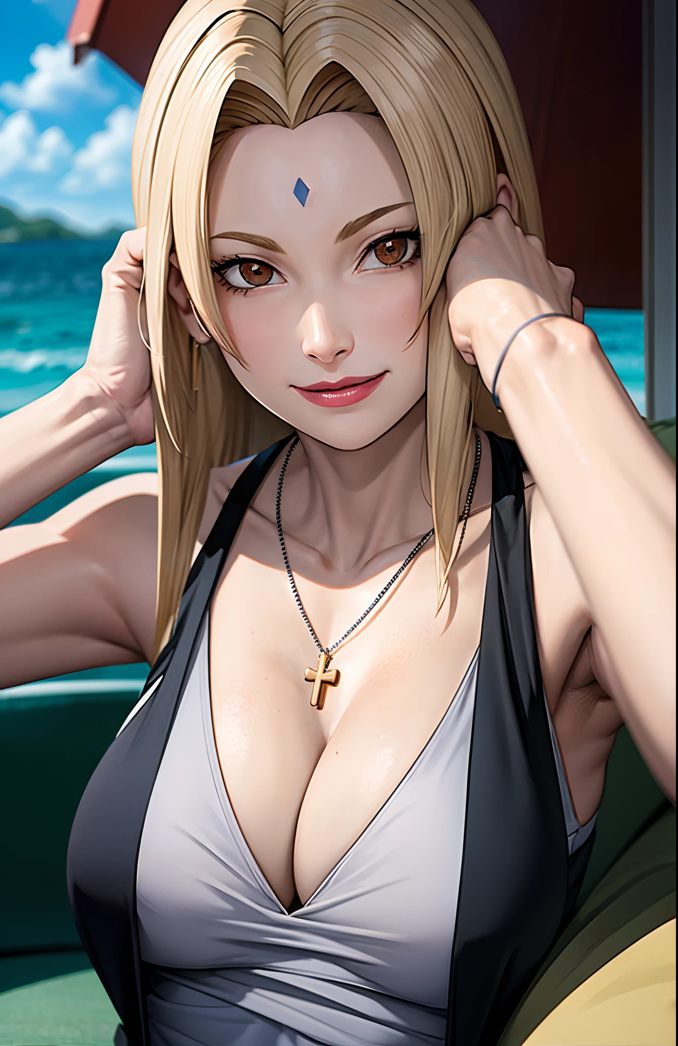 Good anatomy, Masterpiece, Best quality, 4K, 8K, Professional photography, Soft light, Sharp focus, 1 girl, On the beach author,sitted,and the sun was shining brightly,light wind,Brush your hair,比基尼,Blonde hair, Blonde hair, Spin-off of banks, Detailed face+Brown eyes, Smile, closedlips, lipstick, necklace,