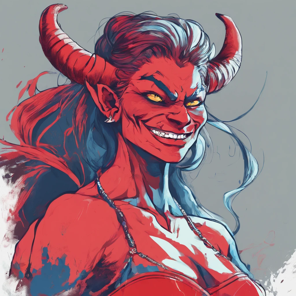 a drawing of a demon with a big smile on his face, portrait demon half human, portrait of a female demon, demonic face, a devilish grin on his face, sorrindo sinistramente, sorriso maldoso, Demon girl, human male demon, demonic creature, sorriso assustador, Portrait of a demon, portrait of demon girl, com chifres, largo sorriso maligno, pintura colorida, vermelho, portanto, Branco, azul