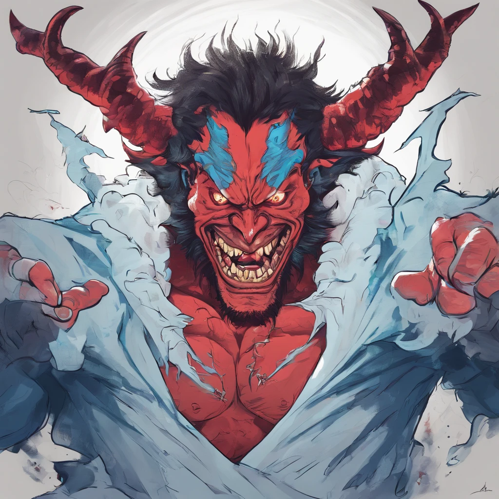 a drawing of a demon with a big smile on his face, portrait demon half human, portrait of a female demon, demonic face, a devilish grin on his face, sorrindo sinistramente, sorriso maldoso, Demon girl, human male demon, demonic creature, sorriso assustador, Portrait of a demon, portrait of demon girl, com chifres, largo sorriso maligno, pintura colorida, vermelho, portanto, Branco, azul