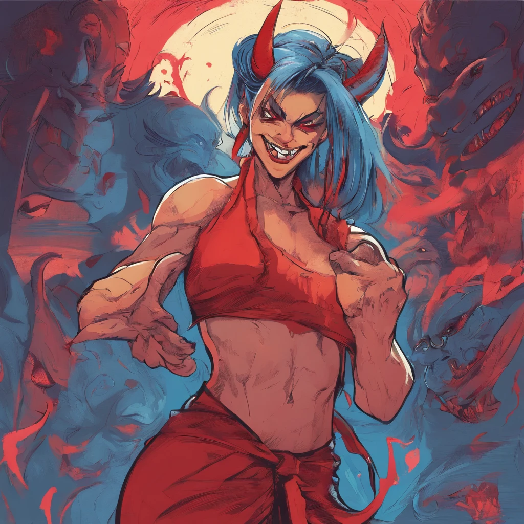 a drawing of a demon with a big smile on his face, portrait demon half human, portrait of a female demon, demonic face, a devilish grin on his face, sorrindo sinistramente, sorriso maldoso, Demon girl, human male demon, demonic creature, sorriso assustador, Portrait of a demon, portrait of demon girl, com chifres, largo sorriso maligno, pintura colorida, vermelho, portanto, Branco, azul