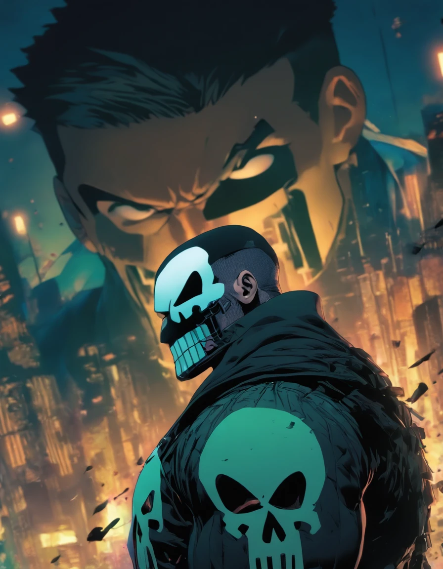 The 19-year-old Punisher wears a black T-head and black jacket ,Yusuke Murata Artstyle, Anime One Punsh Man Style d’art anime , mappa studio animation style