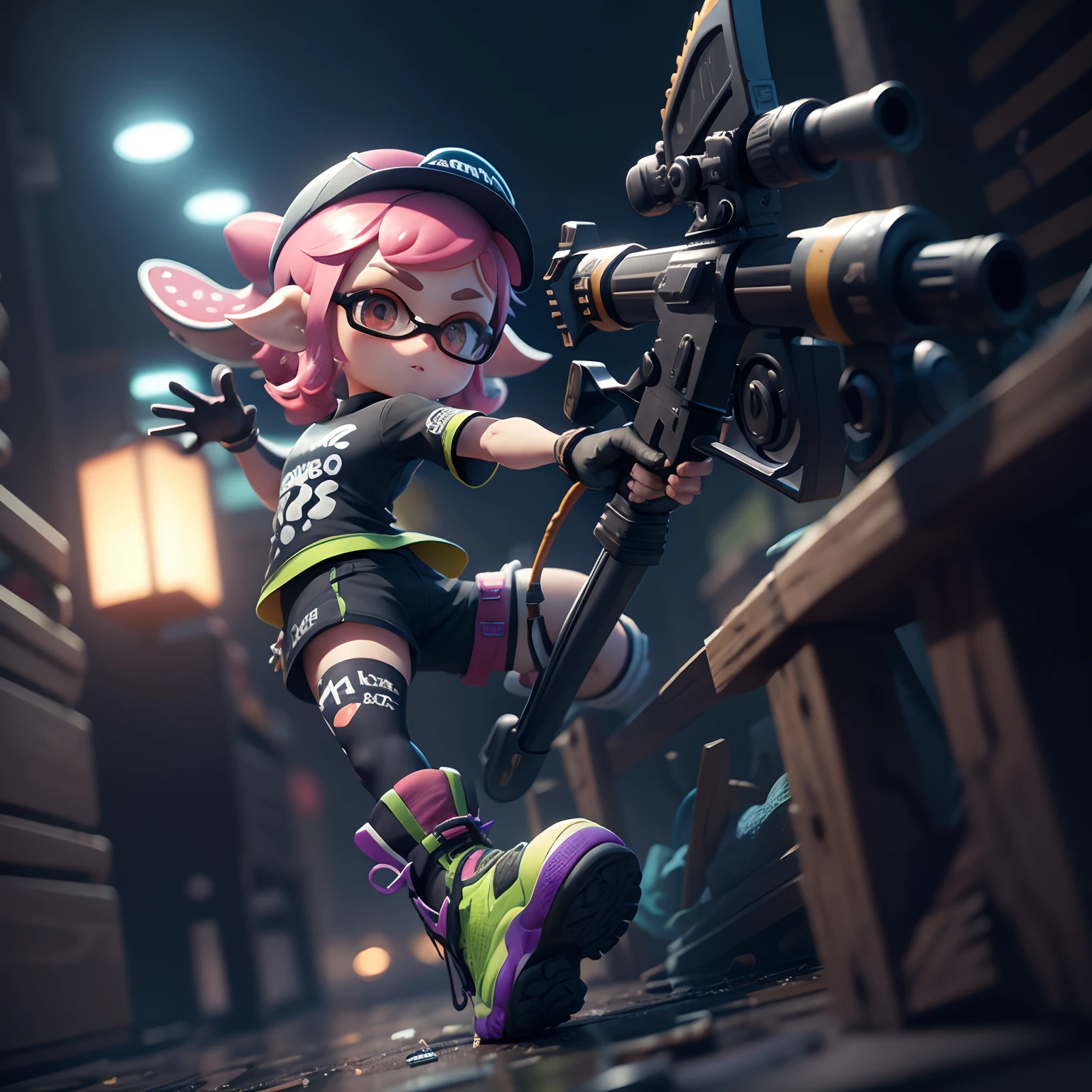 Splatoon、3D Graphics、unrealengine、hiquality、ighly detailed、Holding the bow with the left hand、Night complex