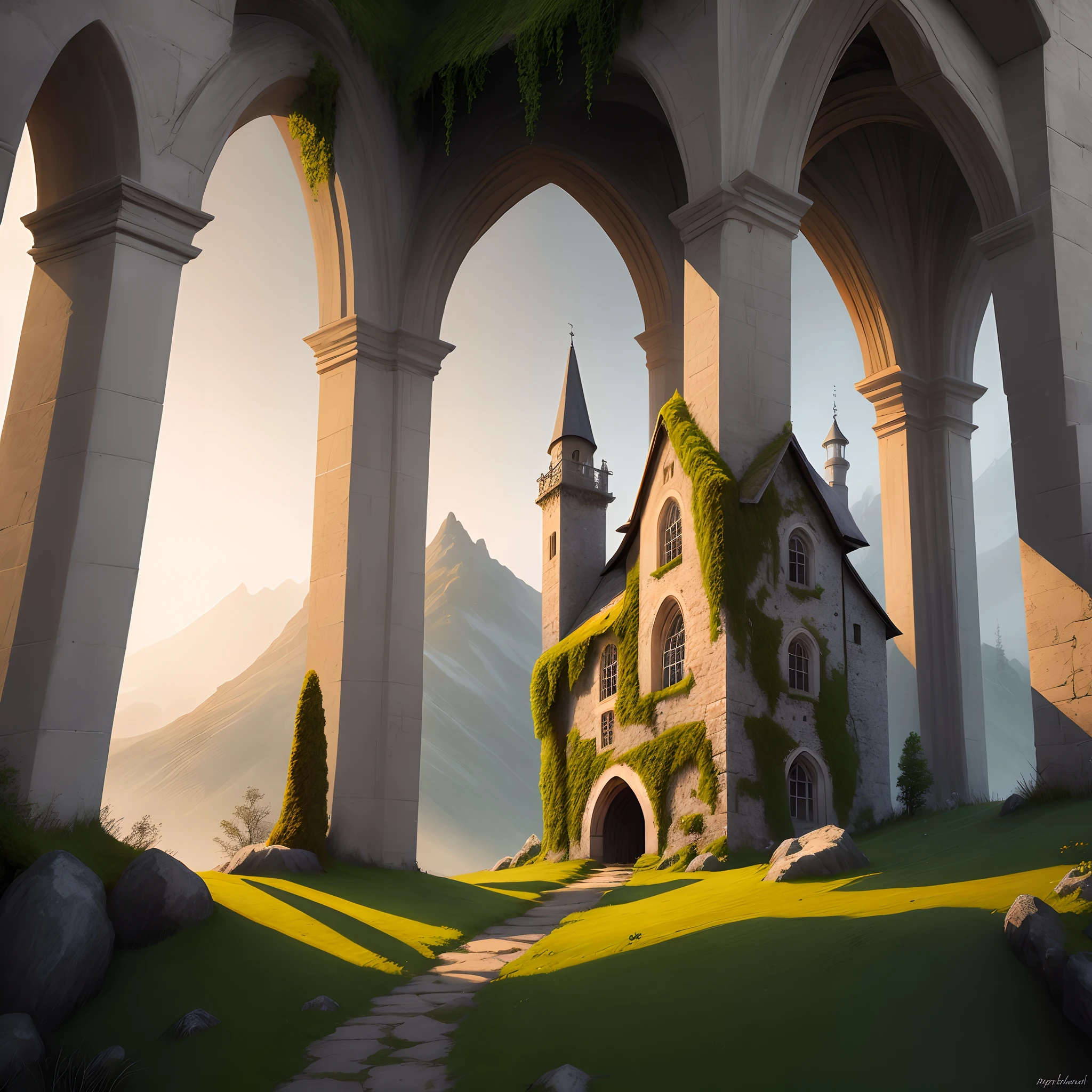 Medieval tower, gradient, dark at bottom, light at top, mossy, bell, windy path,