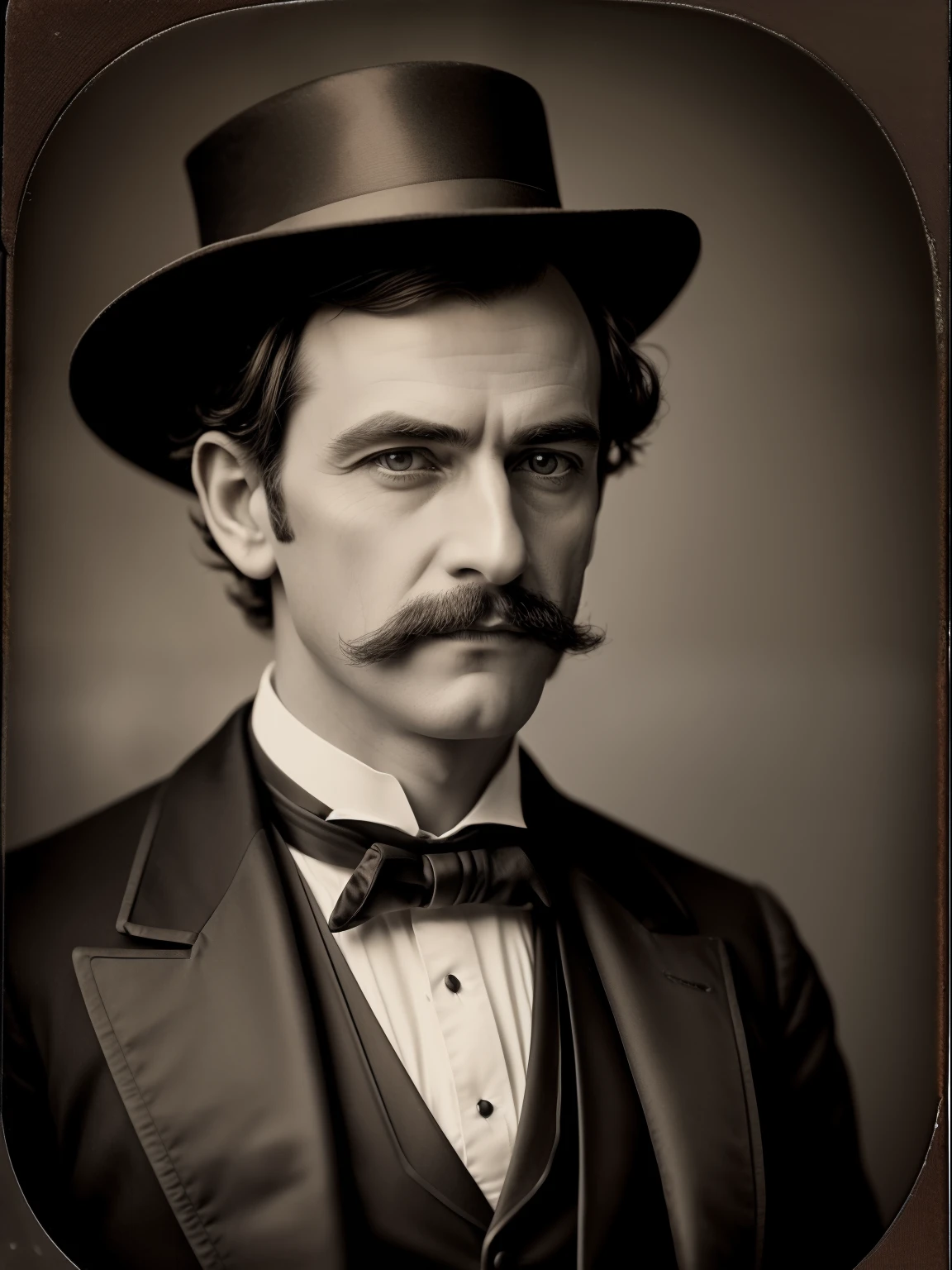 (Masterpiece) Close up of an insanely handsome Victorian gentleman wearing a tuxedo and a hice hat, vintage sepia photography, outdoor photography, extremely inviting look, front look,  looking at the camera, very old and torned photo