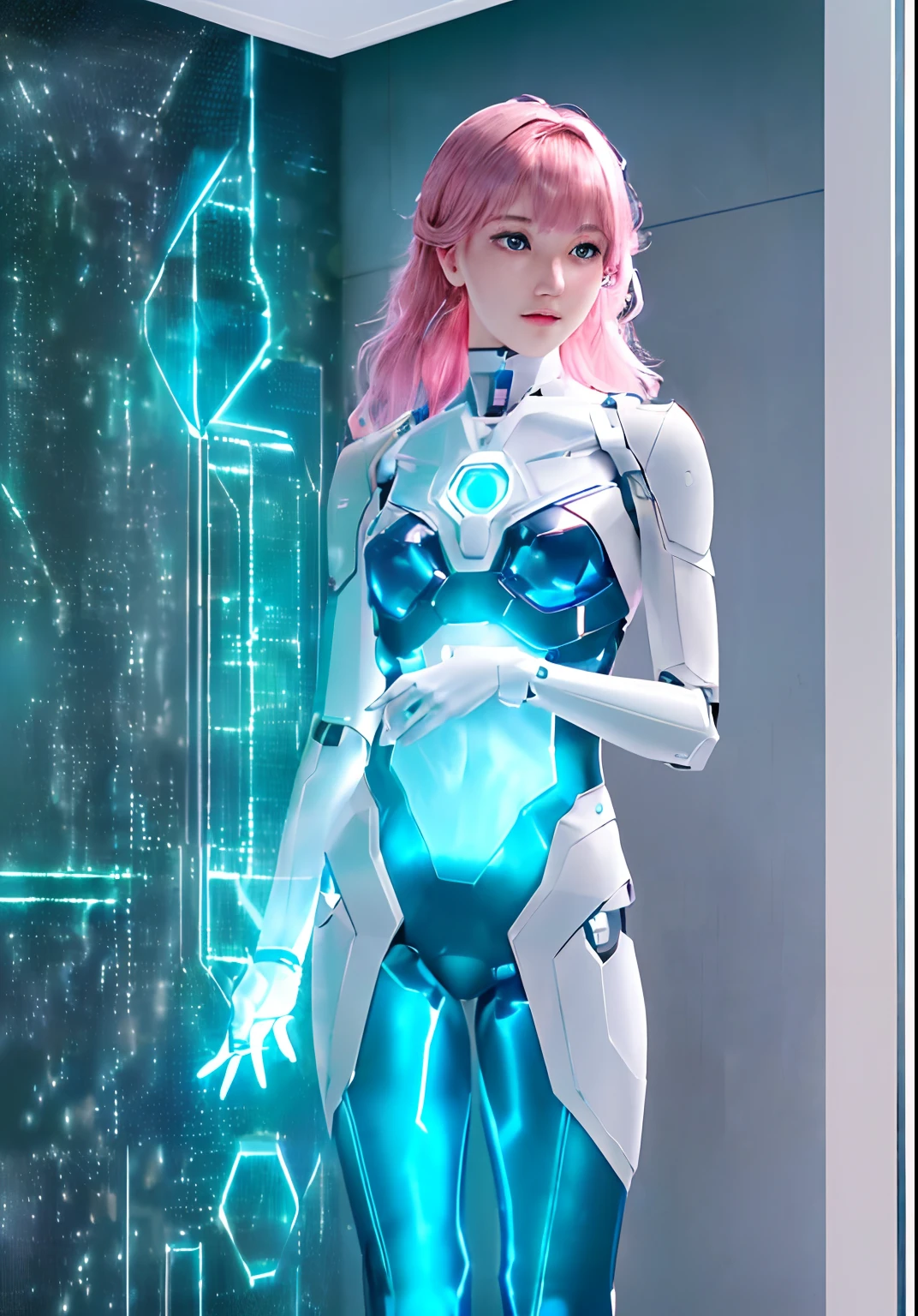 (masterpiece, high resolution, CGI:1.4), (depicting a captivating woman with vibrant pink hair and mesmerizing eyes that shimmer in a captivating blend of green and blue:1.3), (her eyes glowing with an otherworldly light:1.2), (metallic and robotic components integrated throughout her body:1.2), (seamlessly fusing with her organic form:1.2), (delicate circuits and intricate patterns running beneath her skin:1.2), (enhanced robotic limbs with seamless movement:1.2), (her fingers adorned with precision-enhancing cybernetics:1.2), (Canon EOS R5 mirrorless camera:1.2), (paired with a Canon RF 85mm f/1.2L USM lens:1.2), (capturing the finest details of her cybernetic enhancements:1.2), (the laboratory setting designed with a futuristic and minimalistic aesthetic:1.2), (sleek and polished surfaces reflecting the glow of holographic displays:1.2), (floating holographic data screens surrounding her:1.2), (subtle neon lights casting an ethereal glow across the room:1.1), (advanced AI assistants interacting with the environment:1.1), (a mesmerizing CGI render of a woman embracing the merging of human and machine in a captivating future:1.2).