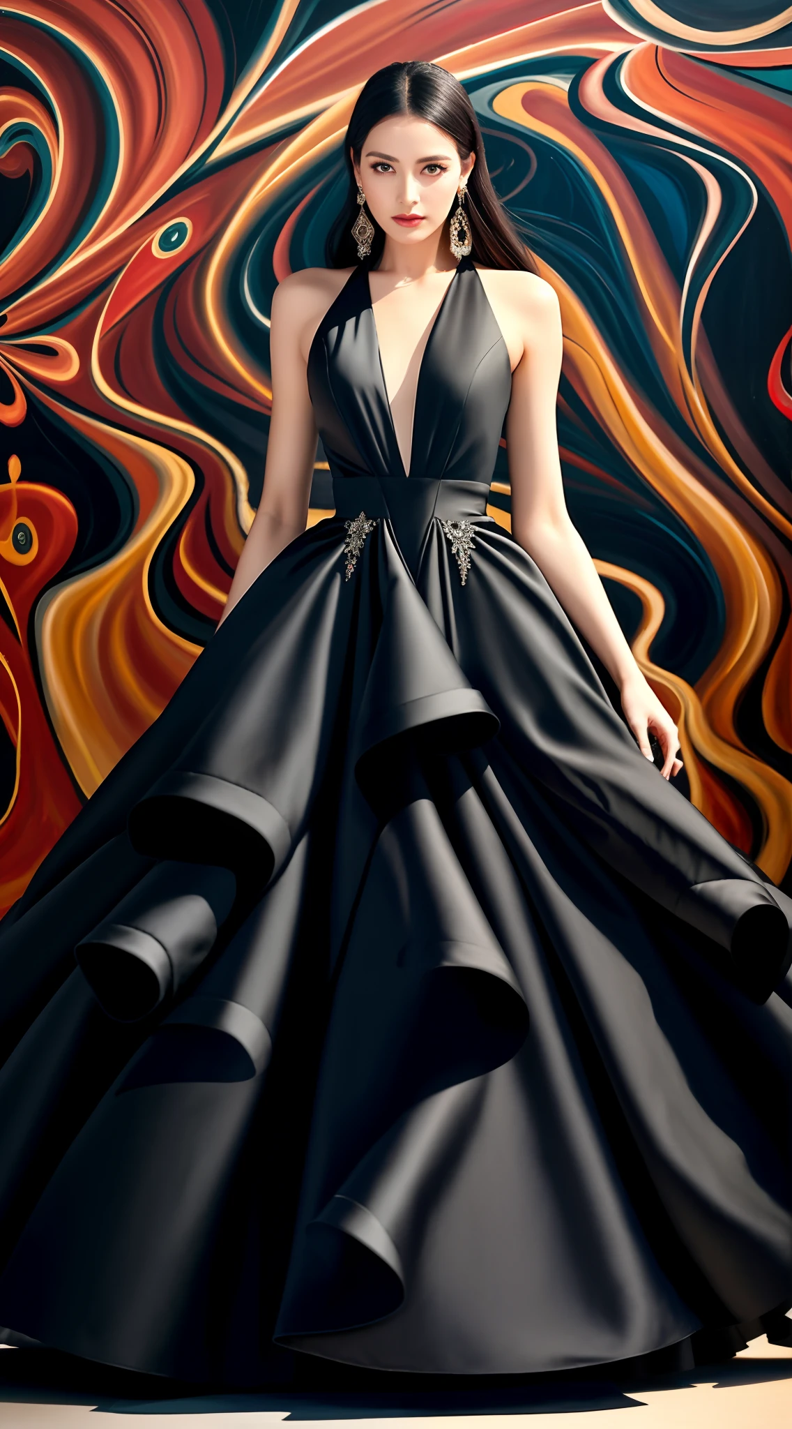 Arad woman in black dress stands in front of painting, flowing black gown, Flowing gown, Black Gown, extravagant dress, dressed beautiful gown, floating dress, Detailed gowns, beautiful flowing fabric, Black Haute Couture, emaciated black evening gown, expensive voluminous dress, Wearing a gorgeous dress, Flowing fabric, long flowing intricate dress