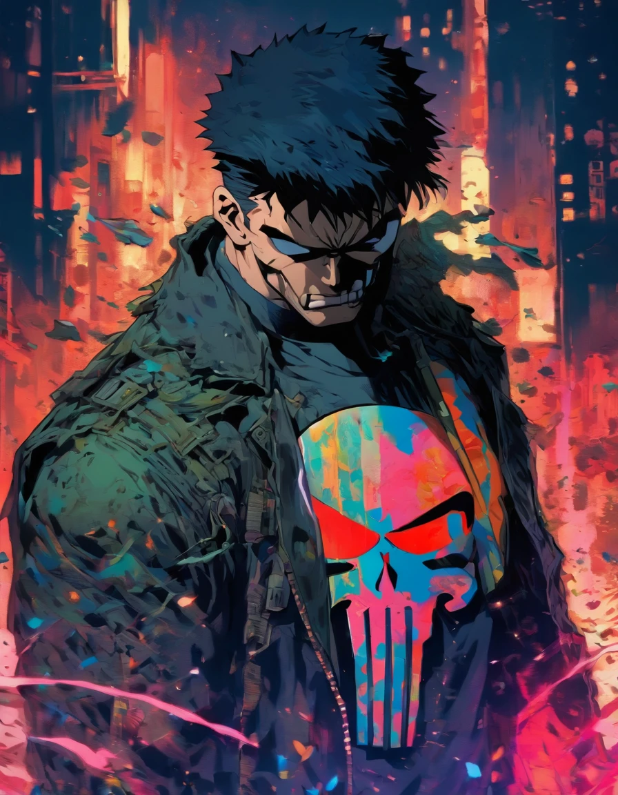 Le Punisher de 19 ans porte un T-head ???? et une veste noire ,Yusuke Murata Artstyle, Anime One Punsh Man Style d’art anime , mappa studio animation style