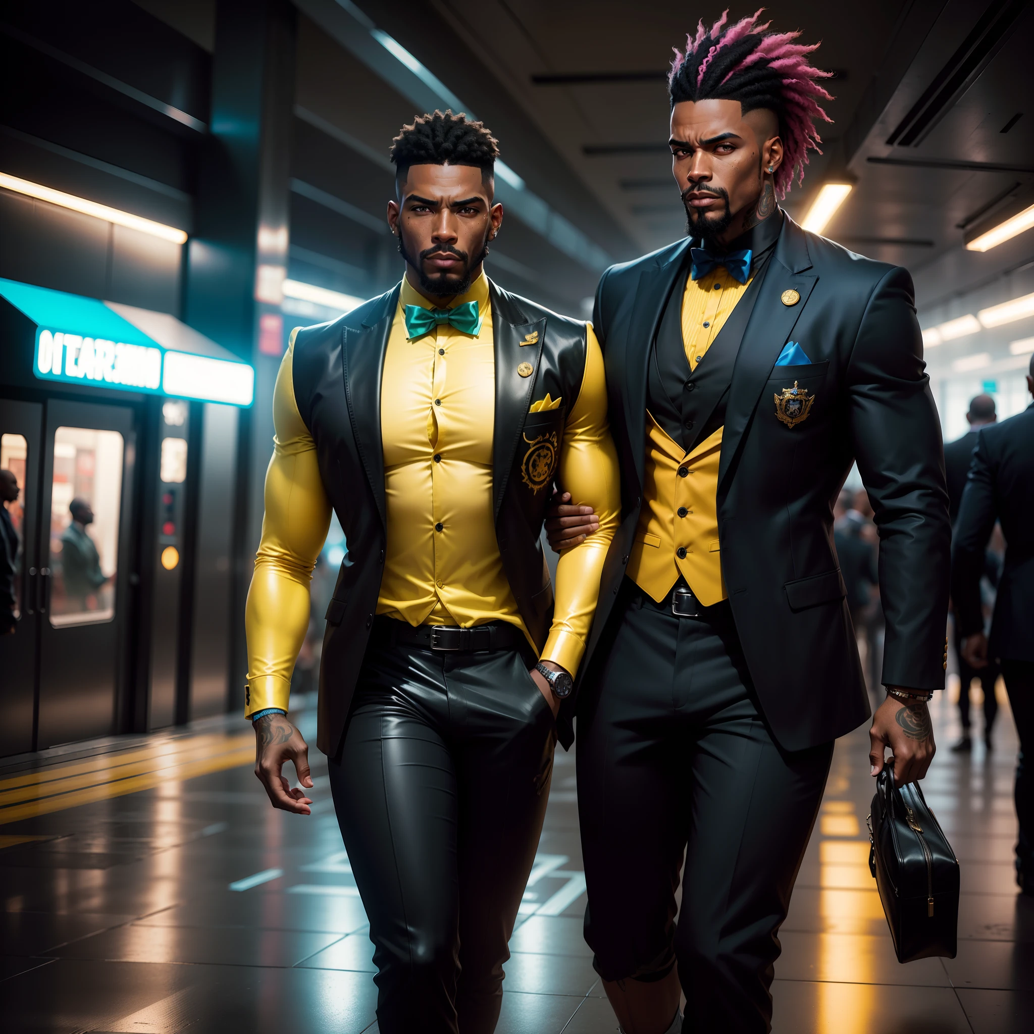 gostaria de uma imagem estilo cyberpunk em 4k de um homem de mais ou menos 50 anos ,de pele negra ,com cabelo punk estilo anos 80 na cor amarelo,o homem te um bigode estiloso, with a tattoo of a scorpion near the eye, facing a metro station on the platform , with station lights failing in a dimly lit environment, standing dressed in a dark yellow suit with a pink bow tie,ao lado de uma mulher morena de rosto latino bem bonita de 33 anos,com tatuagem e gravata borboleta com roupa futuristica .