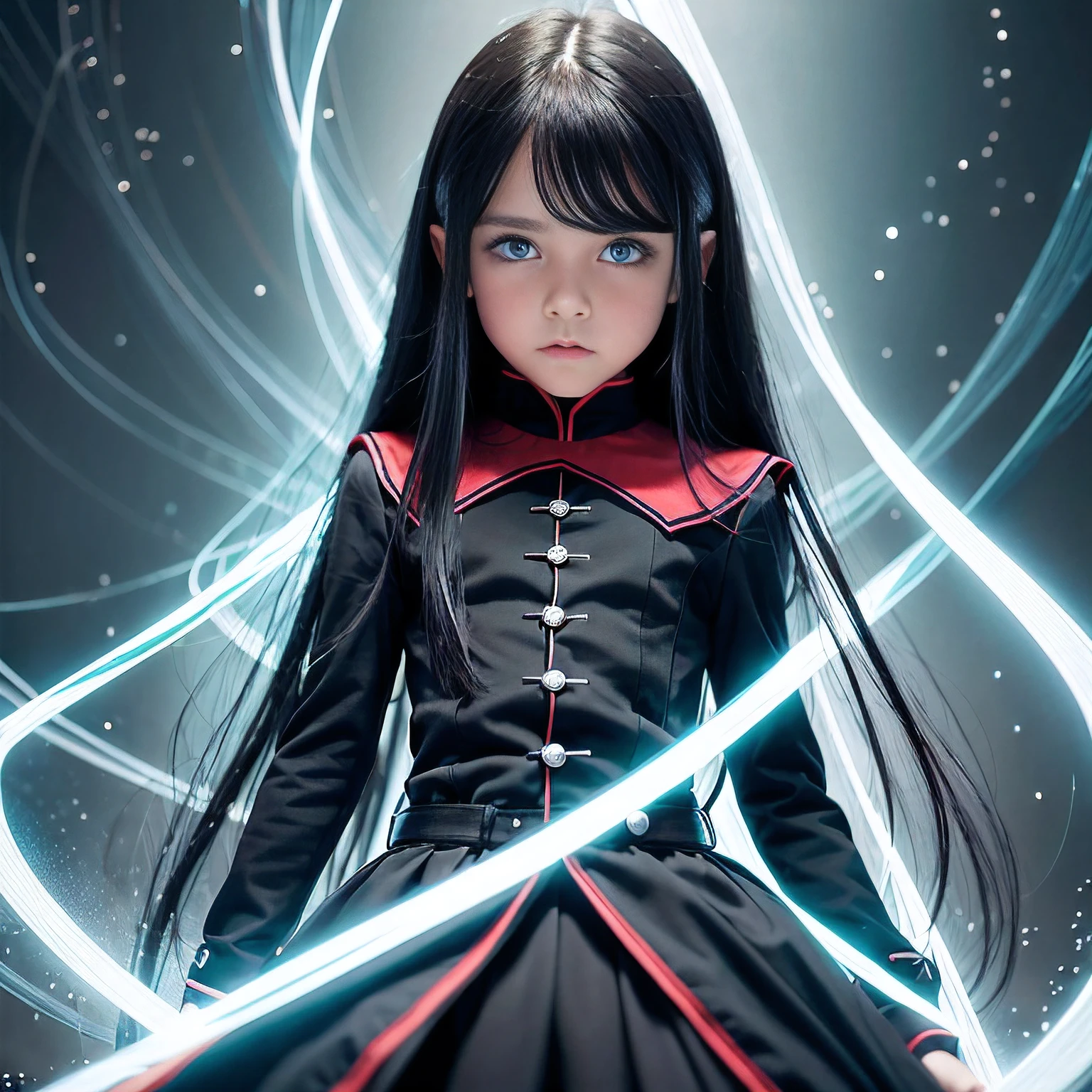 9-year-old vampire child, blue eyes and long black hair down to the waist, uniforme preto e vermelho, master part, melhor qualidade, Saia Curta, loira de olhos verdes, master part, qualidade divina, altamente detalhado, fantasy scenery, Altamente realista, position posing in front of photos. tiros sequenciais