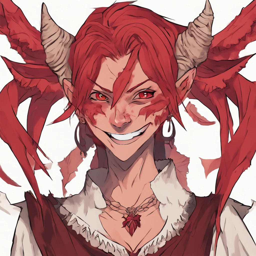 a drawing of a demon with a big smile on his face, portrait demon half human, portrait of a female demon, demonic face, a devilish grin on his face, sorrindo sinistramente, sorriso maldoso, Demon girl, human male demon, demonic creature, sorriso assustador, Portrait of a demon, portrait of demon girl, com chifres, largo sorriso maligno, pintura colorida, vermelho, portanto, Branco, azul