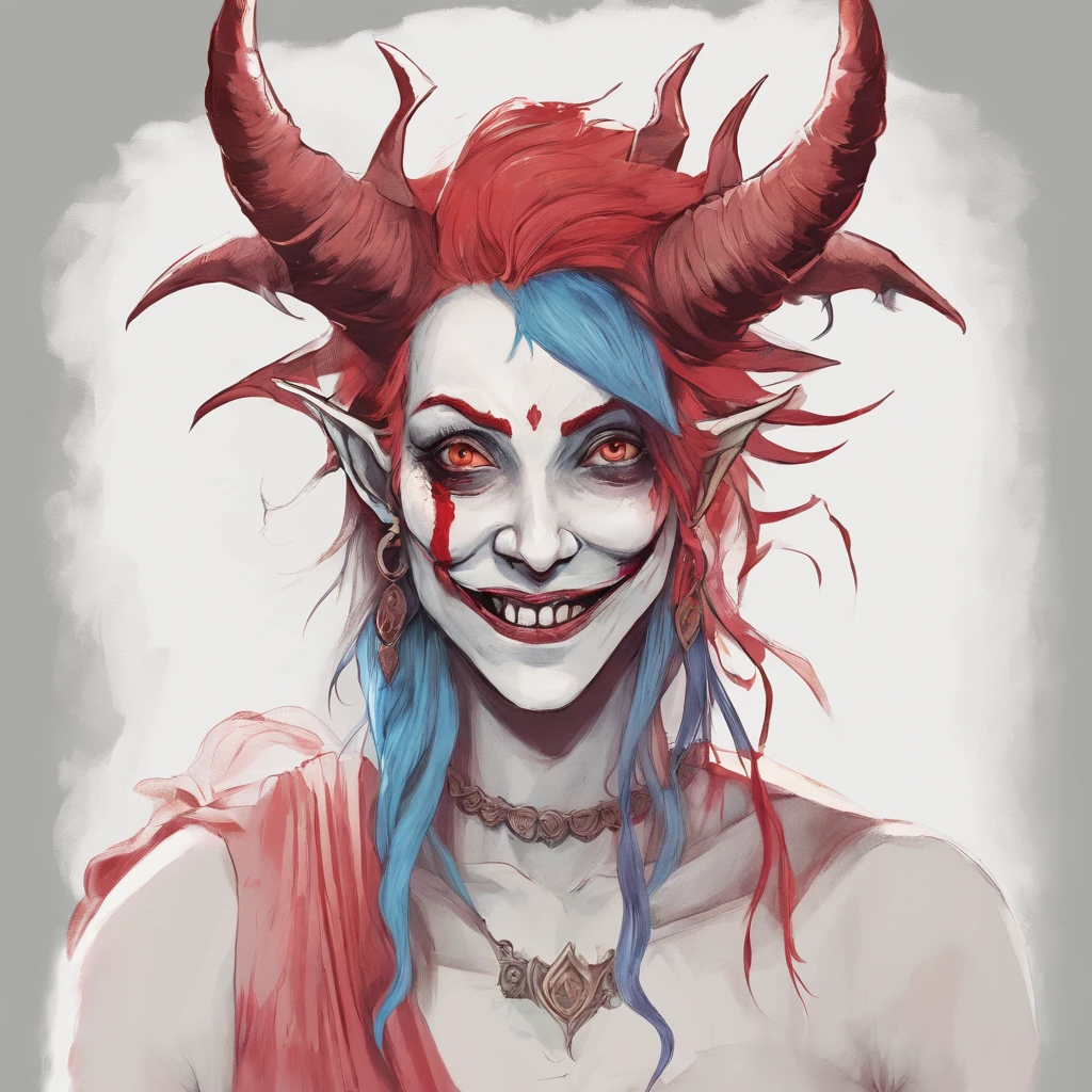a drawing of a demon with a big smile on his face, portrait demon half human, portrait of a female demon, demonic face, a devilish grin on his face, sorrindo sinistramente, sorriso maldoso, Demon girl, human male demon, demonic creature, sorriso assustador, Portrait of a demon, portrait of demon girl, com chifres, largo sorriso maligno, pintura colorida, vermelho, portanto, Branco, azul