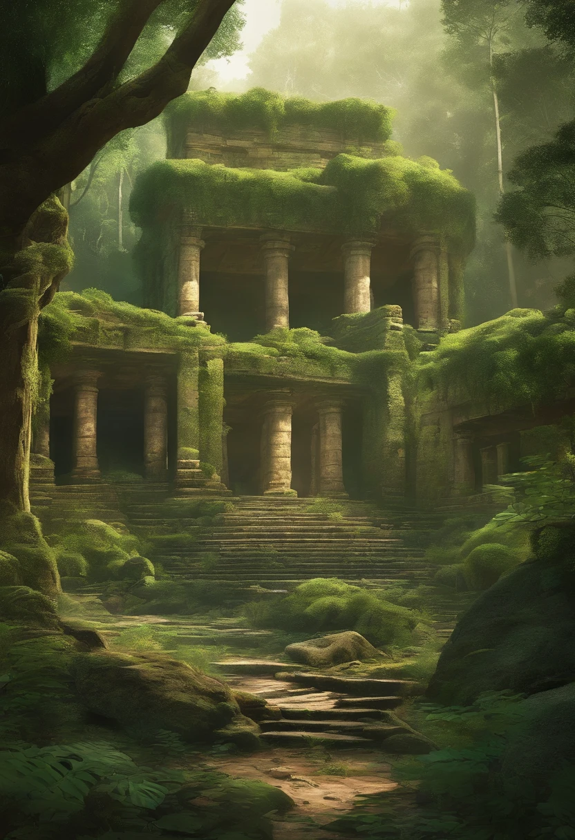 forest mixed with ruins of an ancient civilization with little manga-style ilmunition