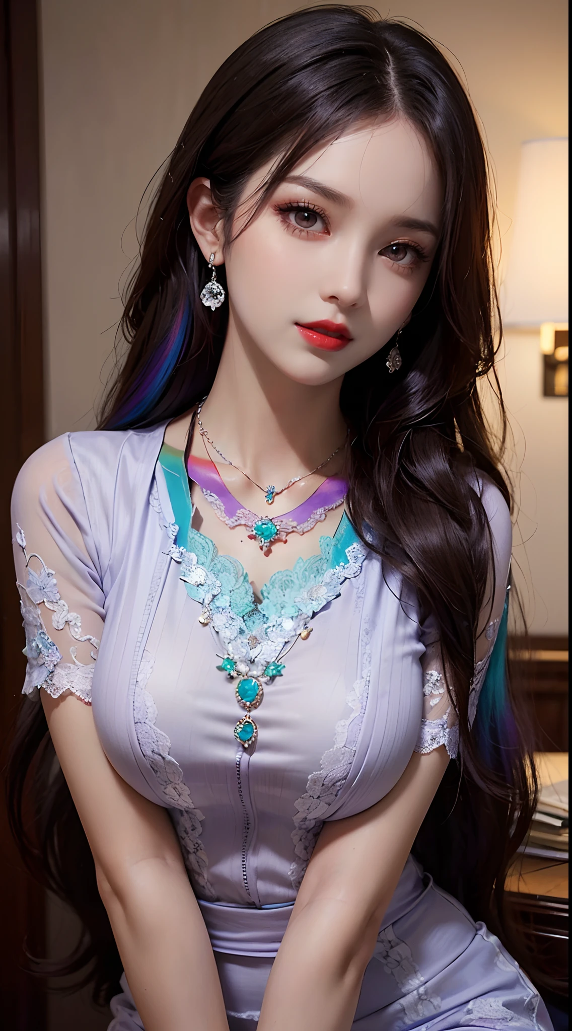 A beautiful and sexy 20 year old girl, wearing a super thin red dress, ((long hair dyed rainbow colors:1.6)), bangs, the most detailed jewelry and beautiful hair, ((wears purple lace necklace:1.6) )), Super cute small face, very pretty face, thin eyebrows, flawless beautiful face, ((black eye pupil: 0.8)), very beautiful eyes, ((red eyes pale:1.5)), beautiful makeup and detailed eyelashes, steamy eye makeup, high nose, earrings, red lips, ((closed mouth:1;5 )) beautiful lips, slim hands, most beautiful thighs, ((arms spread out to the sides: 1.5)), rosy face, clean face, flawless beautiful face, smooth white skin, (big breasts: 1.5)), ((high breasts: 1.6)), Breasts plump, beautiful cleavage, ((big and super round breasts: 1.8))), ((super tight breasts: 1.5)), beautiful breasts, back arms, beautiful girl's upper body, 8k photo, quality super high, hyper realistic, 10x super pixel, photorealistic, dark studio, light edges, two-tone bright, (high detail skin:1.2), super 8k, soft light, high quality, lighting volumetric, realistic, Photo, high resolution, light, best photo, 4k, 8k quality, blur effect, Smooth and sharp, 10 x pixels, (galaxy: 1.7), aurora, lightning, surreal graphics, most realistic graphics, alone, solo, Extremely sharp, surreal images, (((frontal portrait:1.3)))."