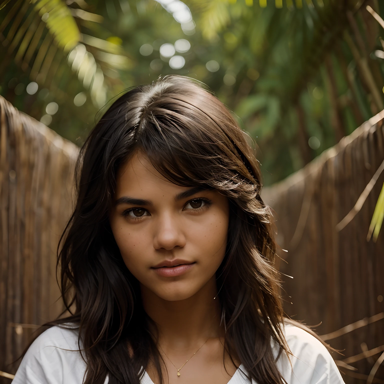 A Selfie Of An Indigenous Woman, ((Tupi Guarani Girl)), ((Tupinambá)), (21 Years Old), Tanned Skin Tone, ((Face Features Of Taylor Lautner)), ((Androgynous Face Features)), ((Medium Length Hair)), Wavy Black Hair, Flowy Hairstyle, Messy Hair, Pores, Realistic Skin, Brown Eyes, Wearing Makeup, Wearing Hippie Clothing Style, Studio Background, 90s Style Photography, Mugshot, Face Focused