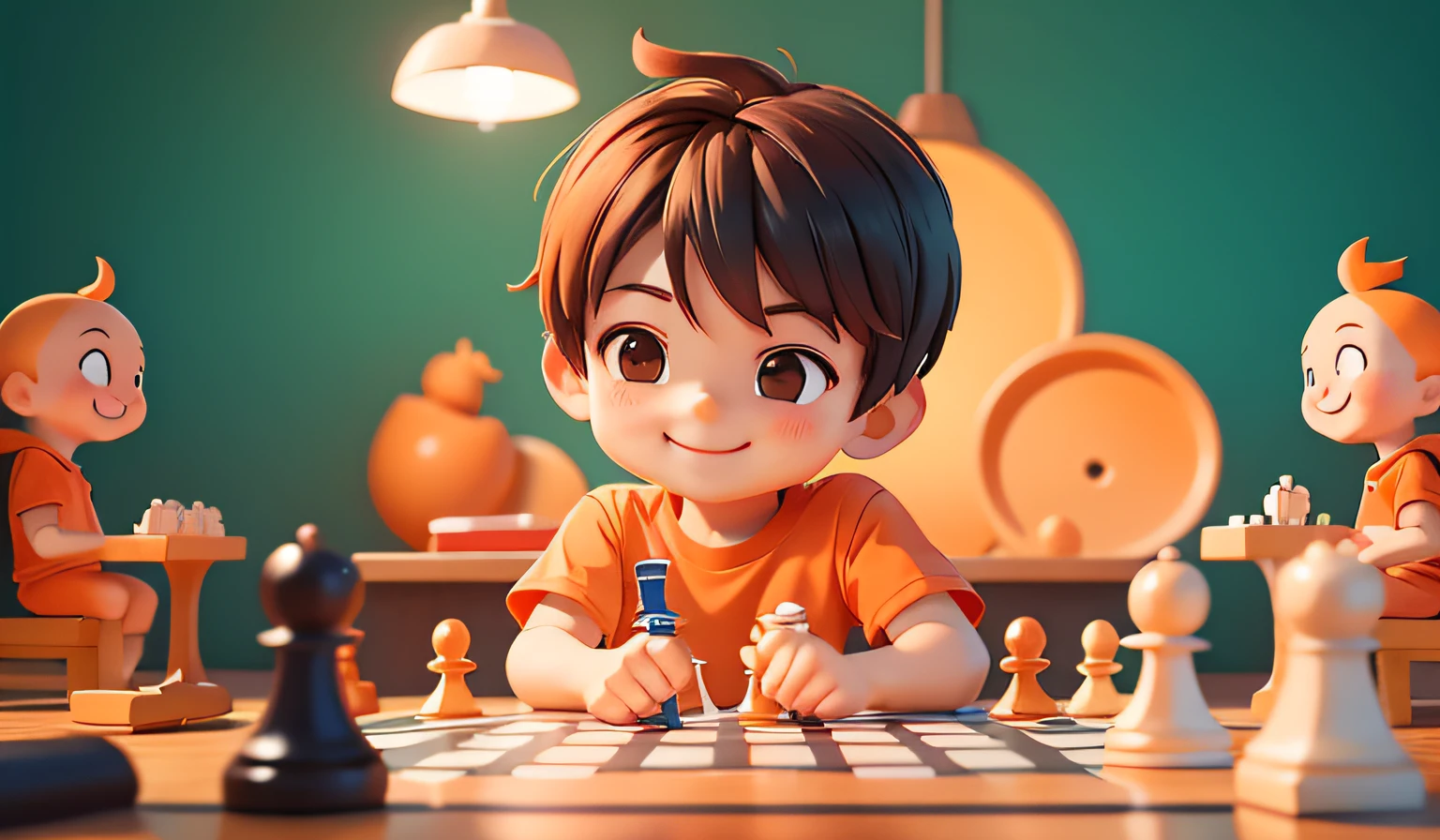 1boy play chess, clean background, wear orange shirt, smiling,