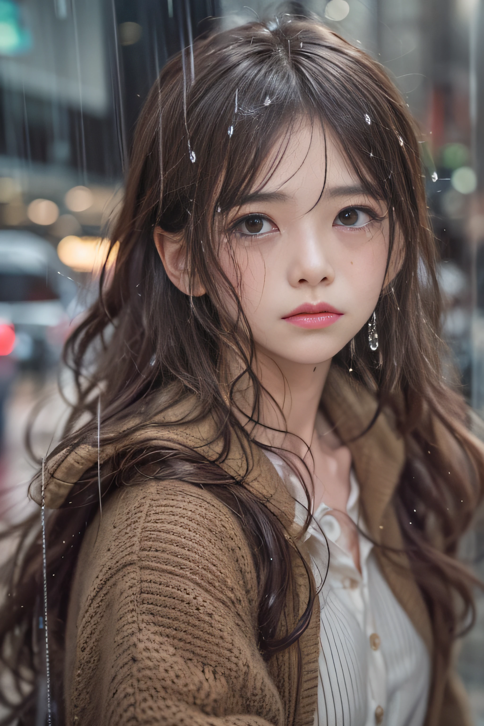 1girl in、(Super beauty)、Long brown wavy hair、(Heartbreak Travel)、(Tears:1.4)、Tokyo Station in the Rain、(beauitful face)、Shallow depth of field