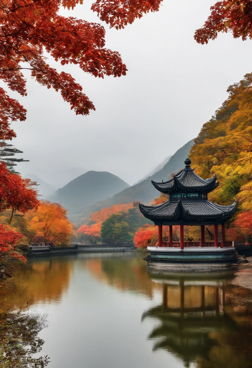 China-style,Ultra-wide angle of view,Beautiful view in autumn,mont,Eau,Cloud fog,fall foliage,OC rendering,high qulity,8k,super-fine,Hyper-realistic,Ultra photo realsisim,35mm camera lens,ultra - detailed