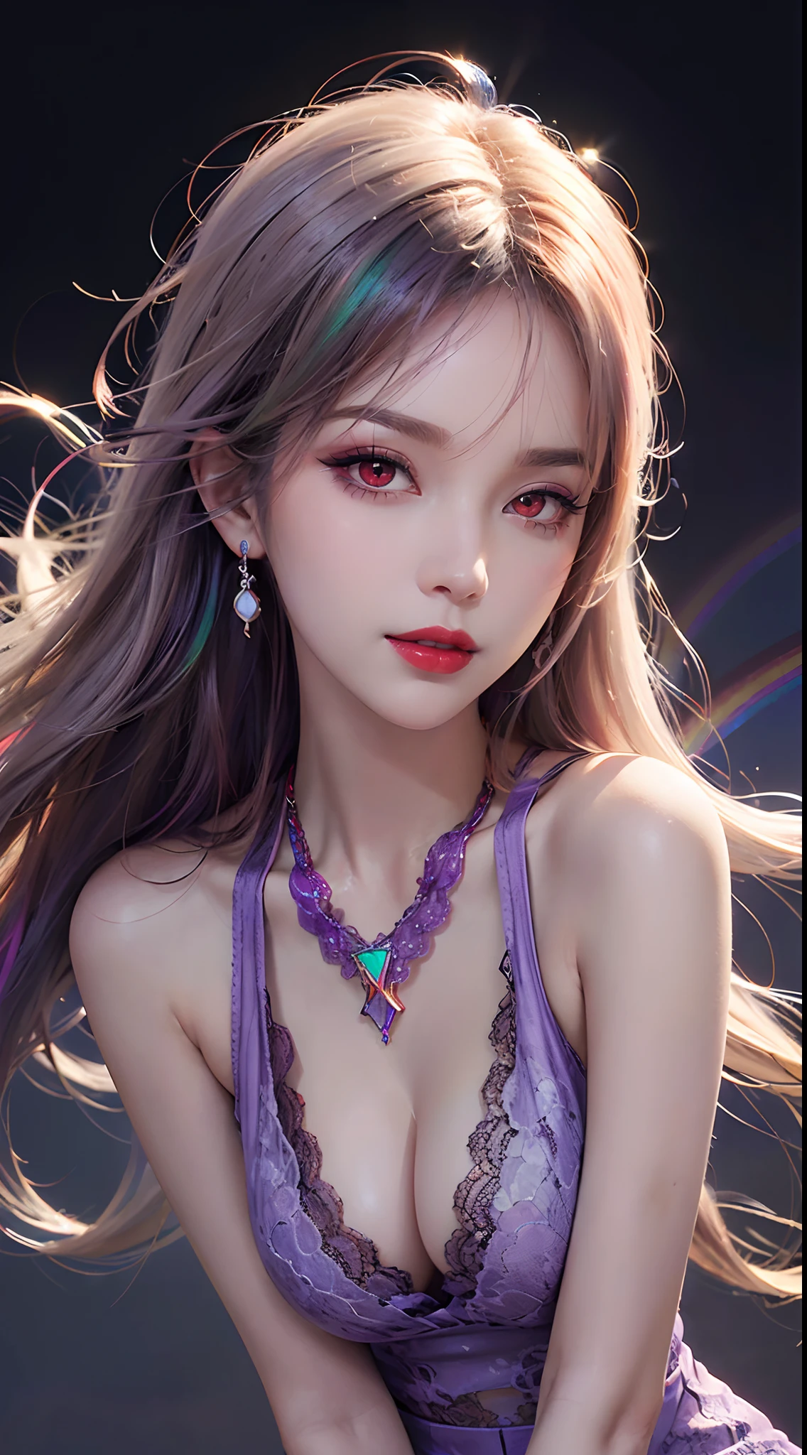 A beautiful and sexy 20 year old girl, wearing a super thin red dress, ((long hair dyed rainbow colors:1.6)), bangs, the most detailed jewelry and beautiful hair, ((wears purple lace necklace:1.6) )), Super cute small face, very pretty face, thin eyebrows, flawless beautiful face, ((black eye pupil: 0.8)), very beautiful eyes, ((red eyes pale:1.5)), beautiful makeup and detailed eyelashes, steamy eye makeup, high nose, earrings, red lips, ((closed mouth:1;5 )) beautiful lips, slim hands, most beautiful thighs, ((arms spread out to the sides: 1.5)), rosy face, clean face, flawless beautiful face, smooth white skin, (big breasts: 1.5)), ((high breasts: 1.6)), Breasts plump, beautiful cleavage, ((big and super round breasts: 1.8))), ((super tight breasts: 1.5)), beautiful breasts, back arms, beautiful girl's upper body, 8k photo, quality super high, hyper realistic, 10x super pixel, photorealistic, dark studio, light edges, two-tone bright, (high detail skin:1.2), super 8k, soft light, high quality, lighting volumetric, realistic, Photo, high resolution, light, best photo, 4k, 8k quality, blur effect, Smooth and sharp, 10 x pixels, (galaxy: 1.7), aurora, lightning, surreal graphics, most realistic graphics, alone, solo, Extremely sharp, surreal images, (((frontal portrait:1.3)))."