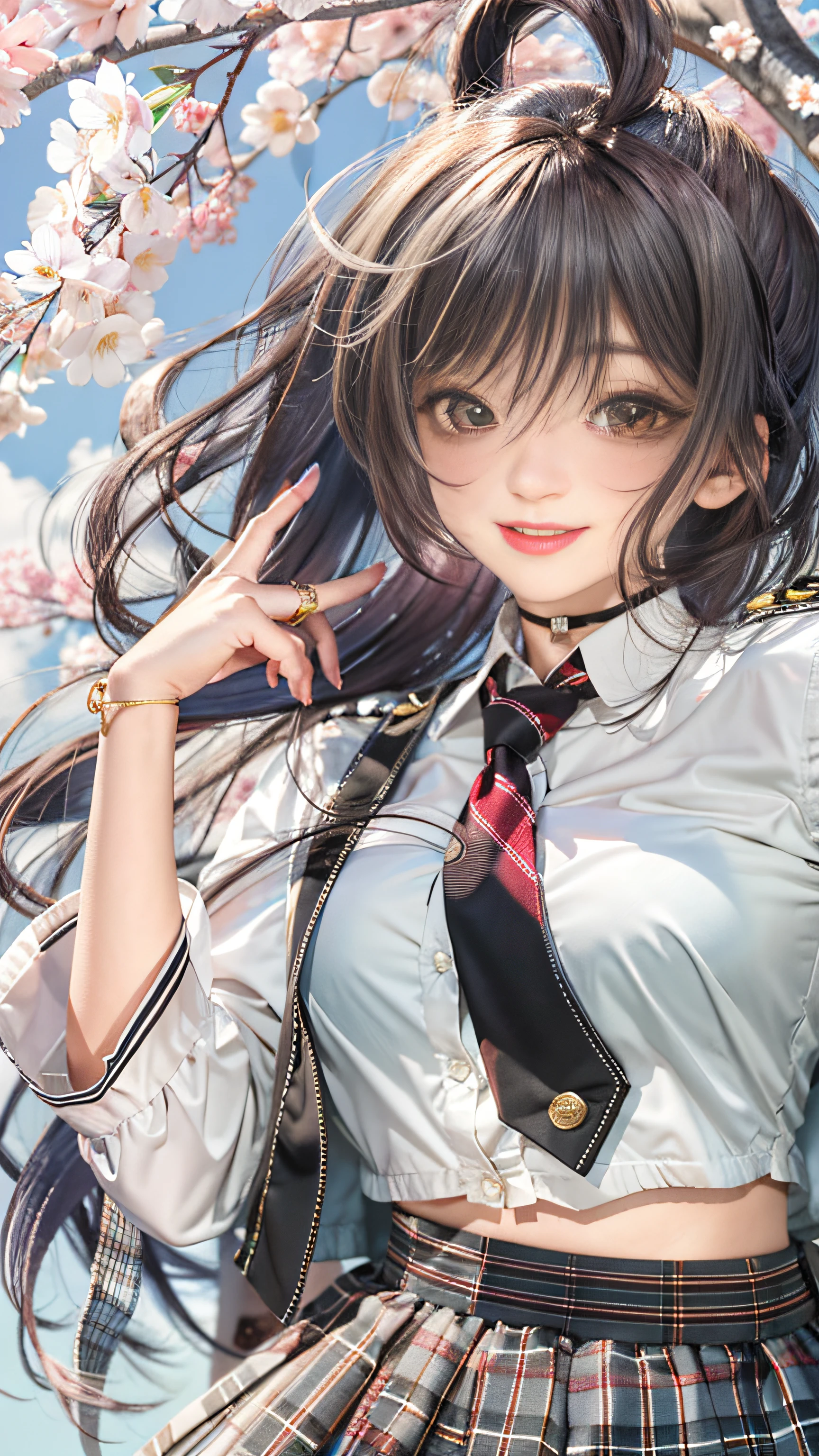 masterpiece, best quality, full body, 1girl, bangs, black choker, black necktie, black hair, blue skirt, blush, bracelet, breasts, choker, clothes around waist, collarbone, collared shirt, cowboy shot, dress shirt, ear piercing, eyebrows visible through hair, gradient hair, grin, gyaru, jewelry, kogal, long hair, looking at viewer, loose necktie, necktie, piercing, plaid, plaid skirt, pleated skirt, red eyes, ring, school uniform, shirt, skirt, smile, solo, white shirt, street, sky, cherry blossoms, petals,illustration, (magazine:1.3), (cover-style:1.3), fashionable, woman, vibrant, outfit, posing, front, colorful, dynamic, background, elements, confident, expression, holding, statement, accessory, majestic, coiled, around, touch, scene, text, cover, bold, attention-grabbing, title, stylish, font, catchy, headline, larger, striking, modern, trendy, focus, fashion,