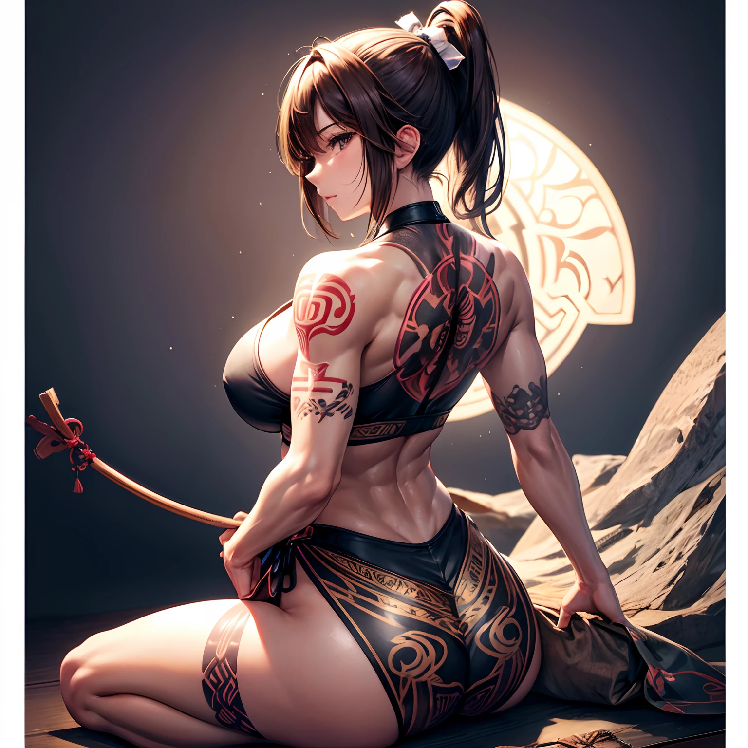 from behind, super high image, super detail, super high resolution, Japanese carving tattoo all over the back of a beautiful woman sitting cross-legged, light brown glossy ponytail, huge breasts, abs, armpit, professional lighting