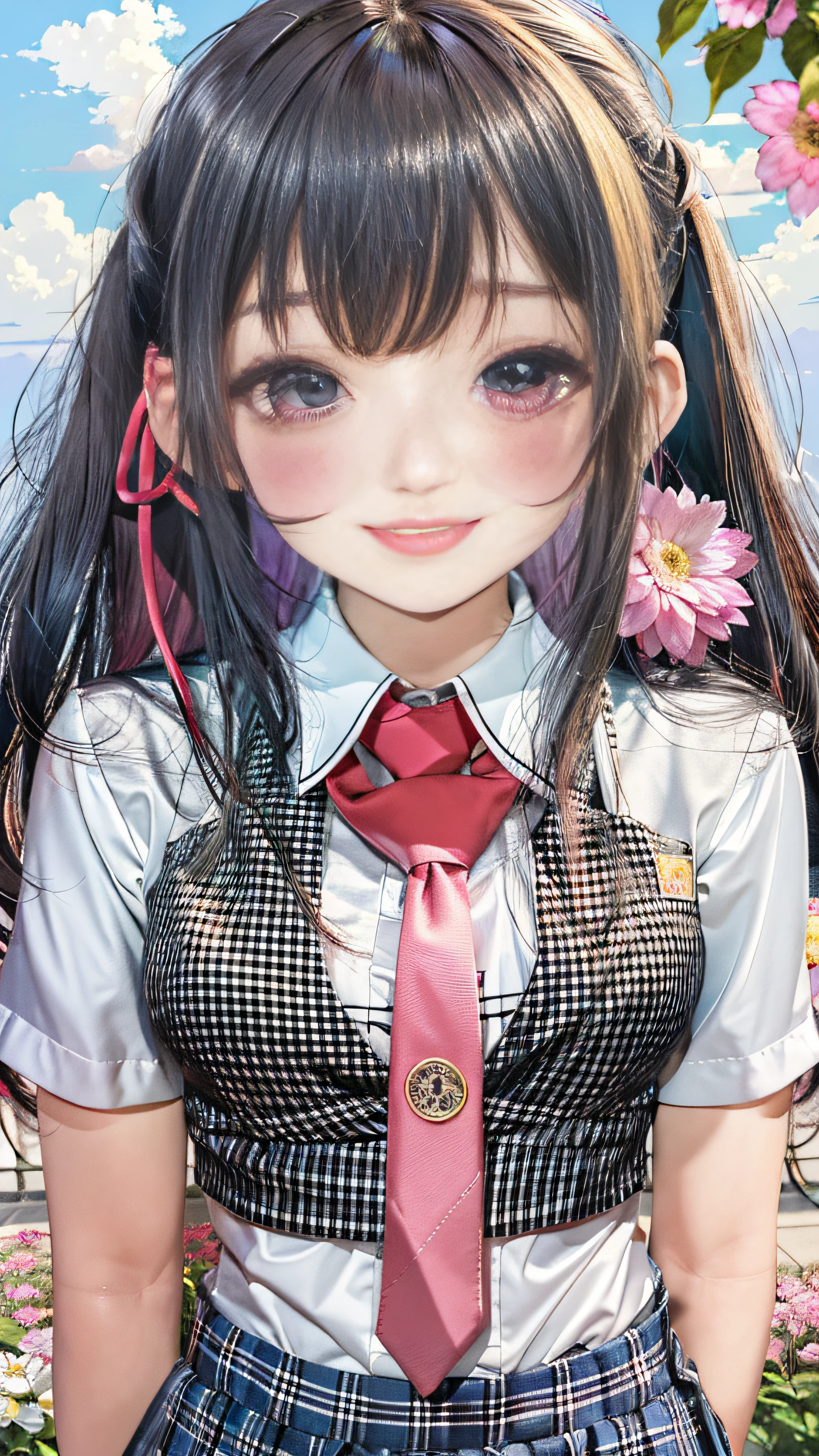 masterpiece, best quality, full body, 1girl, bangs, black choker, black necktie, black hair, blue skirt, blush, bracelet, breasts, choker, clothes around waist, collarbone, collared shirt, cowboy shot, dress shirt, ear piercing, eyebrows visible through hair, gradient hair, grin, gyaru, jewelry, kogal, long hair, looking at viewer, loose necktie, necktie, piercing, plaid, plaid skirt, pleated skirt, red eyes, ring, school uniform, shirt, skirt, smile, solo, white shirt, street, sky, cherry blossoms, petals,illustration, (magazine:1.3), (cover-style:1.3), fashionable, woman, vibrant, outfit, posing, front, colorful, dynamic, background, elements, confident, expression, holding, statement, accessory, majestic, coiled, around, touch, scene, text, cover, bold, attention-grabbing, title, stylish, font, catchy, headline, larger, striking, modern, trendy, focus, fashion,