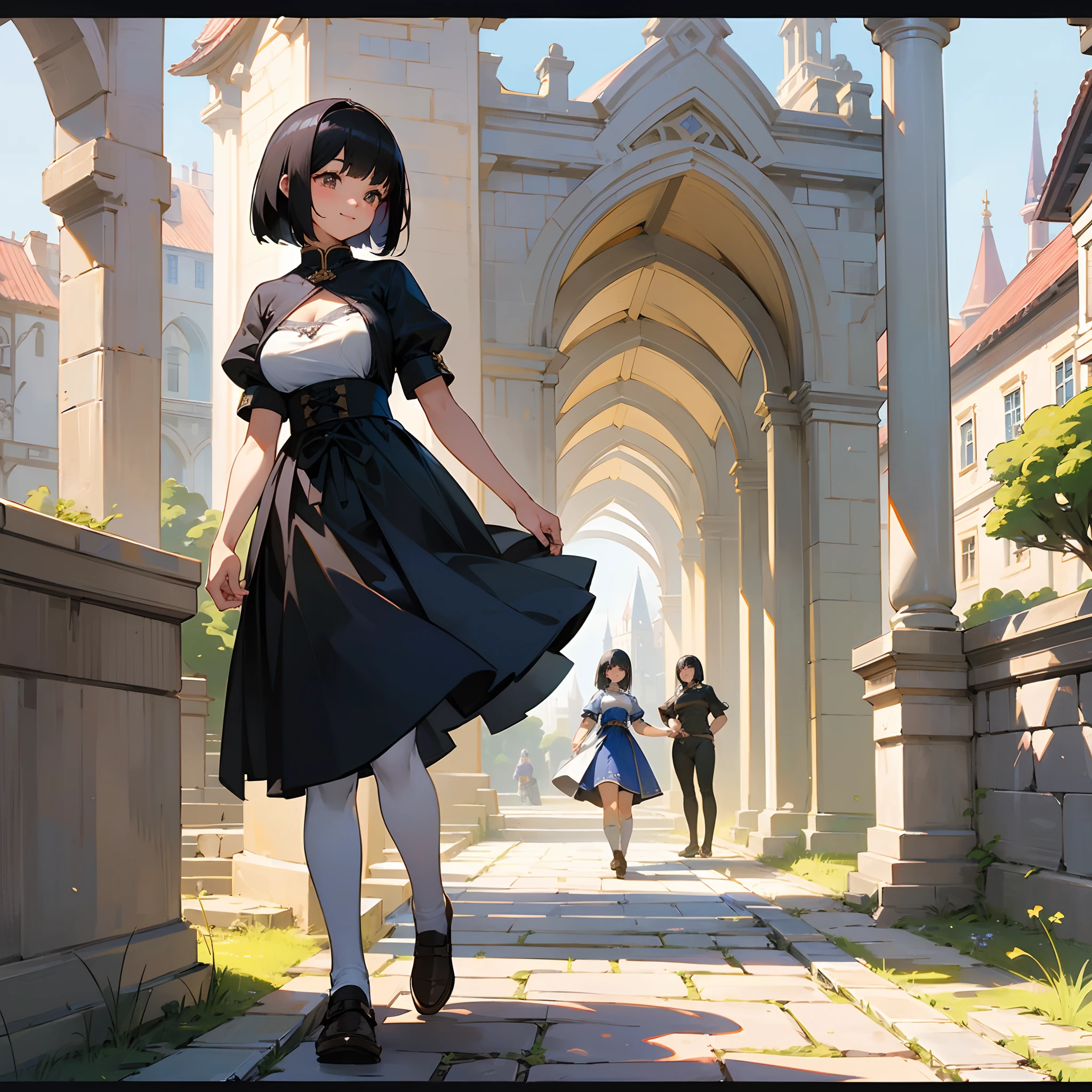With the best image quality、Teenage girl standing alone outdoors。In high resolution、Beautiful fine details、tranquil atmosphere。((Black Hair Bob Hair))、Cute smile。(((breasts are large)))、I don't have anything in my hands、realistic hand、Medieval European national costume with short sleeves、Medieval European Streets、Leather shoes。