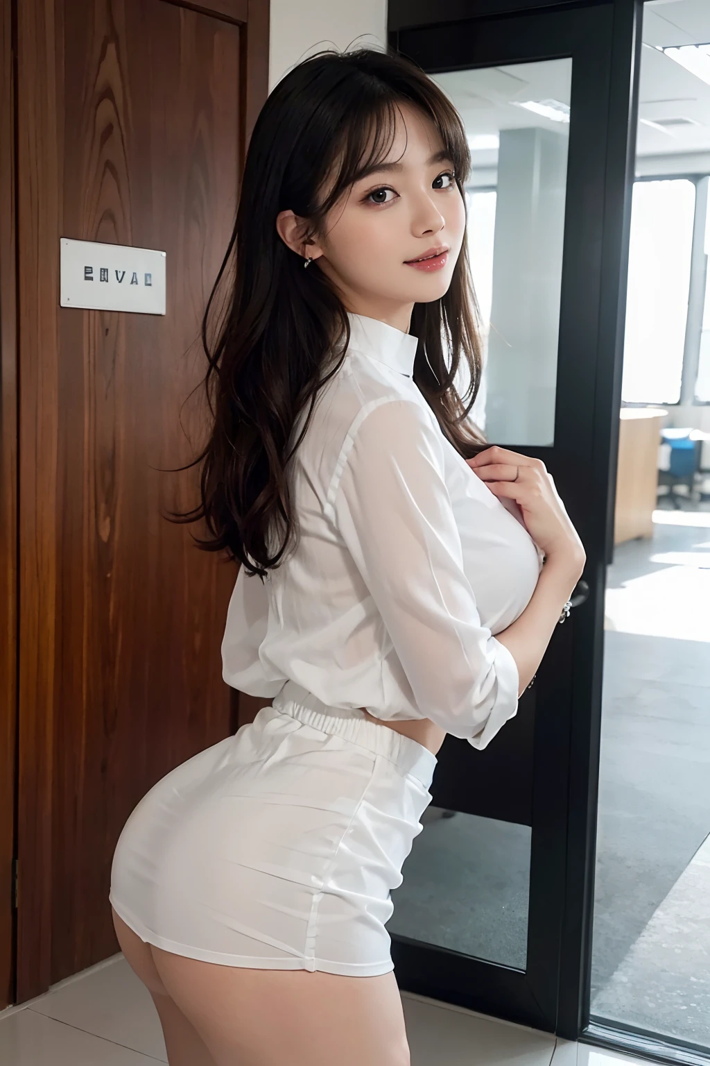 (ultra-detailliert,Detailed face,Detailed eyes,Detailed skin,Shiny skin:1.3),Detailed background,(8K, Best Quality, Raw photo),(masutepiece:1.4),(High resolution:1.4), ,OL:1.2), (Recruit suit:1.3),(White shirt:1.3),Face up,Tuck Up,Closed mouth,Smile, Office,(nametag:1.2),Tag to hang around the neck,Office entrance,very large breast、big butts、Sheer 、a miniskirt、The gesture of putting hair on the ears