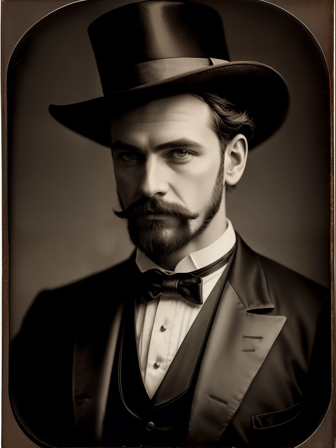 (Masterpiece) An insanely handsome Victorian man wearing a tuxedo and a hice hat, vintage sepia photography, outdoor photography, extremely inviting look, front look, looking at the camera, very old and torned photo