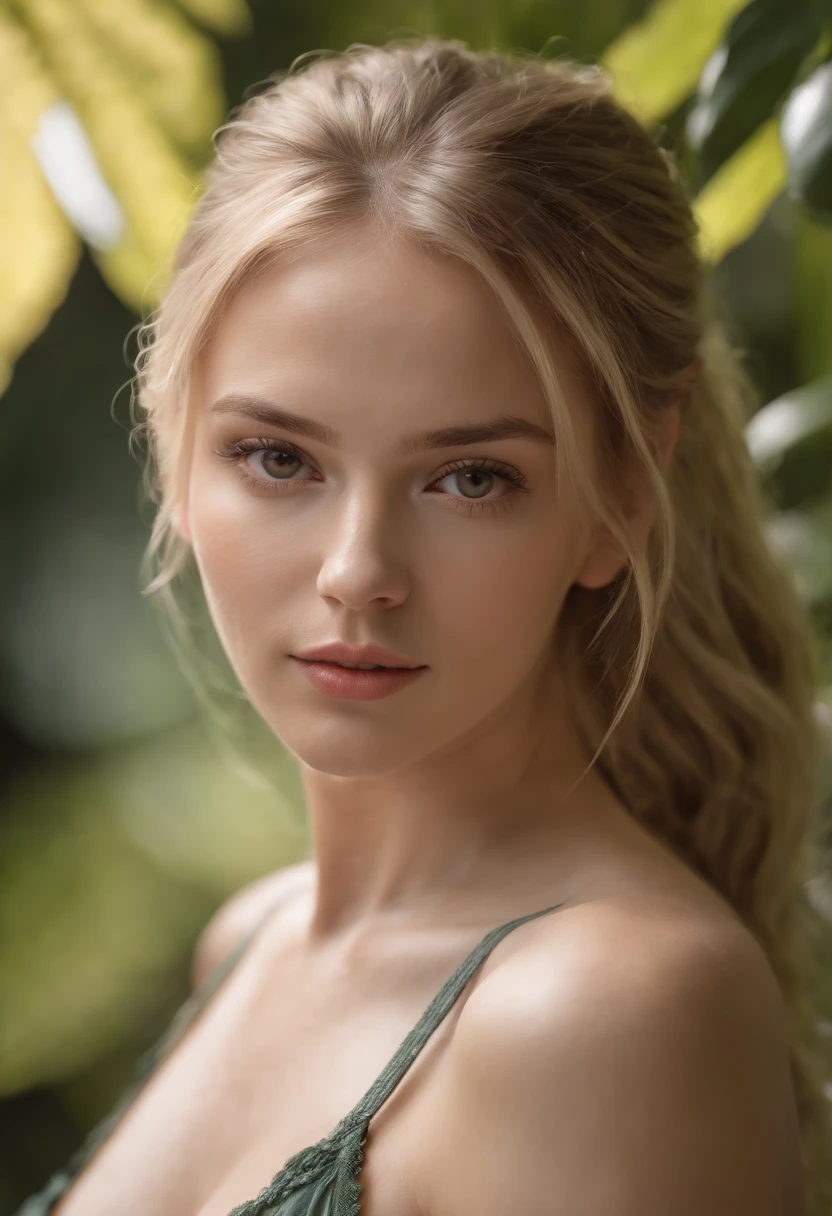 In a captivating jungle setting, a medium close-up photo captures the allure of an incredibly beautiful fitness girl. She stands with flowing blond hair, adorned with delicate vines, basking in the sun's radiant glow. The scene is vivid and rich, presented in 8K resolution for optimal quality.Her captivating charm is accentuated by sheer white nightwear that tastefully hints at her features. The image is a masterpiece that plays with light and shadow, achieving striking contrast and depth of field. The attention to detail extends to her face, reflecting lifelike nuances in the style reminiscent of SamDoesArts.This arresting image celebrates natural beauty and allure, encapsulating the essence of an enchanting moment amid the lush jungle.A breathtaking uncensored portrayal of a captivating woman in an intimate solo scene. She possesses remarkable beauty, with flawless features and aura. Her hair, white and styled in a ponytail with colored tips and inner hair