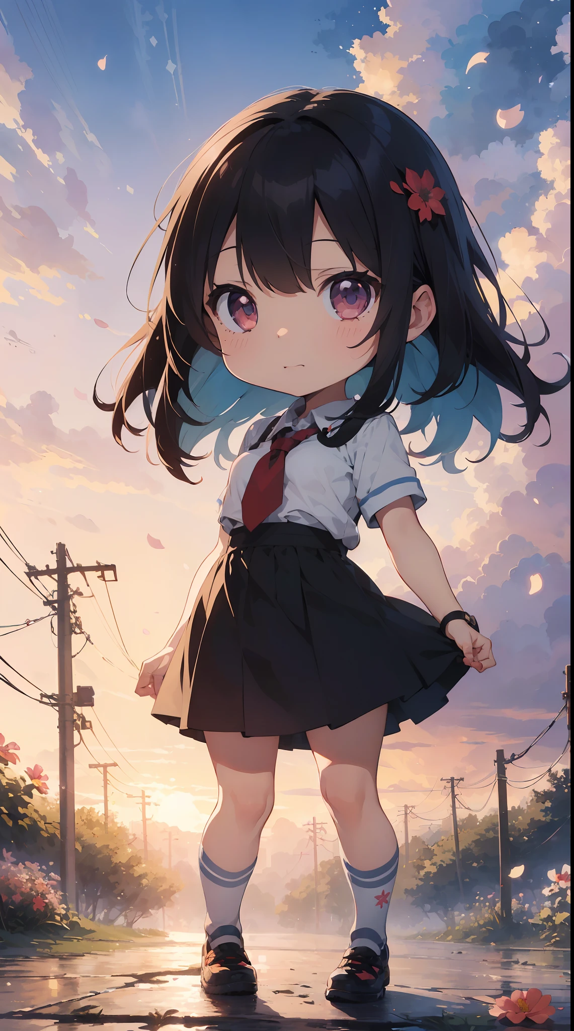 (mystical:1.4), Cosmos Field、 (1girl in, Solo:1.4), Cute, (Chibi:1.6),Detailed small breasts, Rising Sun Rains Down、A fantastic pre-beat in which the petals of the cosmos soar by materializing the strong wind、 ((Writing line transparency Highest quality Best work Concept art.))、Beautiful illustration, pastel color, Illustration style, Realistic skin feeling, Realistic materials、watercolor paiting,