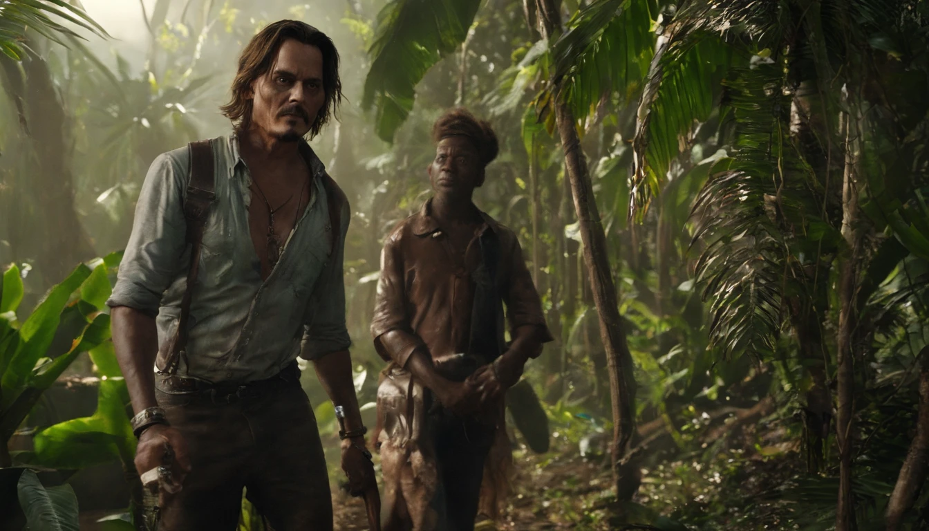 master part, Johnny Depp walking through the jungle at night (Noite entre vagalumes), (High detail:1 1), rough face, pele natural, alta qualidade, NSFW, Olhos bonitos, (rosto e olhos detalhados), (rosto: 1 2), noise, foto real, lamp film photography, foco nítido, contrast lighting, pele detalhada, high res 8k, Detalhe louco, Realistic, fotografia profissional, 8k UHD, SLR camera, soft lighting, alta qualidade, filmic grain, Fujifilm XT3, 50 millimeters,