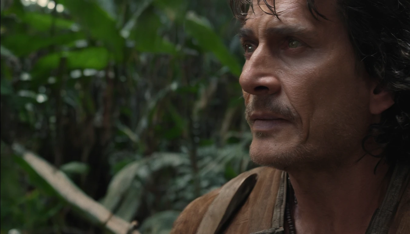 master part, Johnny Depp walking through the jungle at night (Noite entre vagalumes), (High detail:1 1), rough face, pele natural, alta qualidade, NSFW, Olhos bonitos, (rosto e olhos detalhados), (rosto: 1 2), noise, foto real, lamp film photography, foco nítido, contrast lighting, pele detalhada, high res 8k, Detalhe louco, Realistic, fotografia profissional, 8k UHD, SLR camera, soft lighting, alta qualidade, filmic grain, Fujifilm XT3, 50 millimeters,