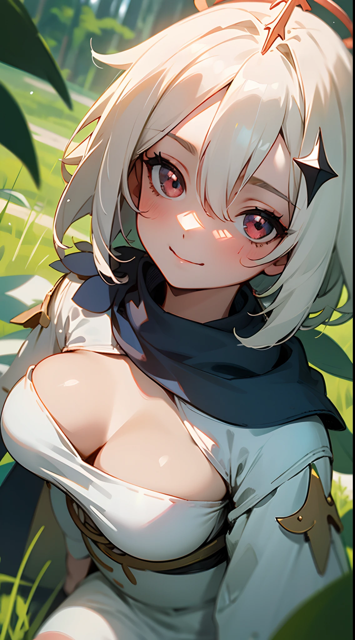 one-girl，the original god，Paimon，cleavage，Be red in the face，Close-up shot，sportrait，looks into camera，ssmile，White clothes，mediuml breasts，jungles，grassy fields