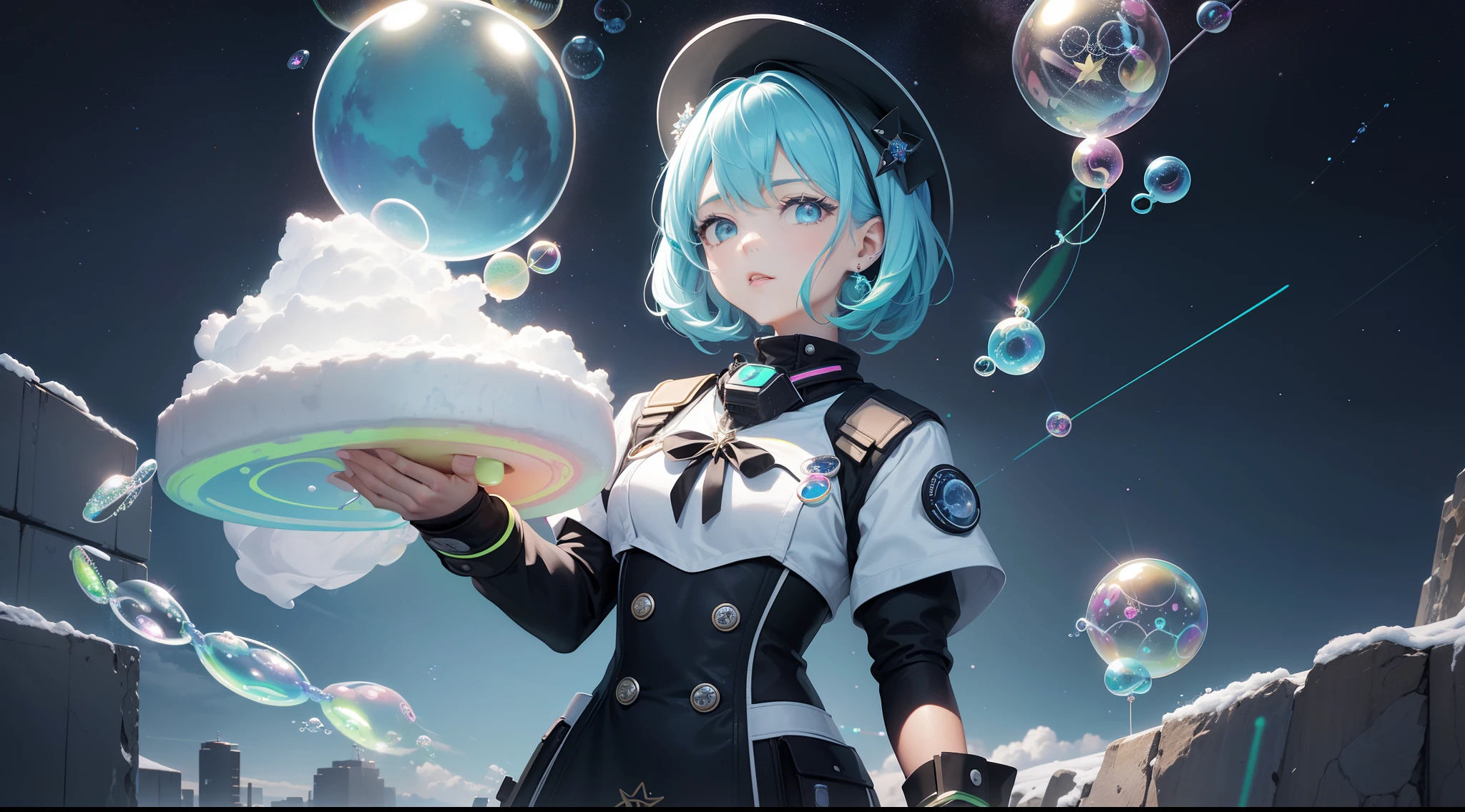 Obra maestra HD, Una mujer de pie, Cara detallada, Plano medio, Traje de astronauta plateado, ((cielo colorido)) y (((neon soap bubbles))), Fondo del mar