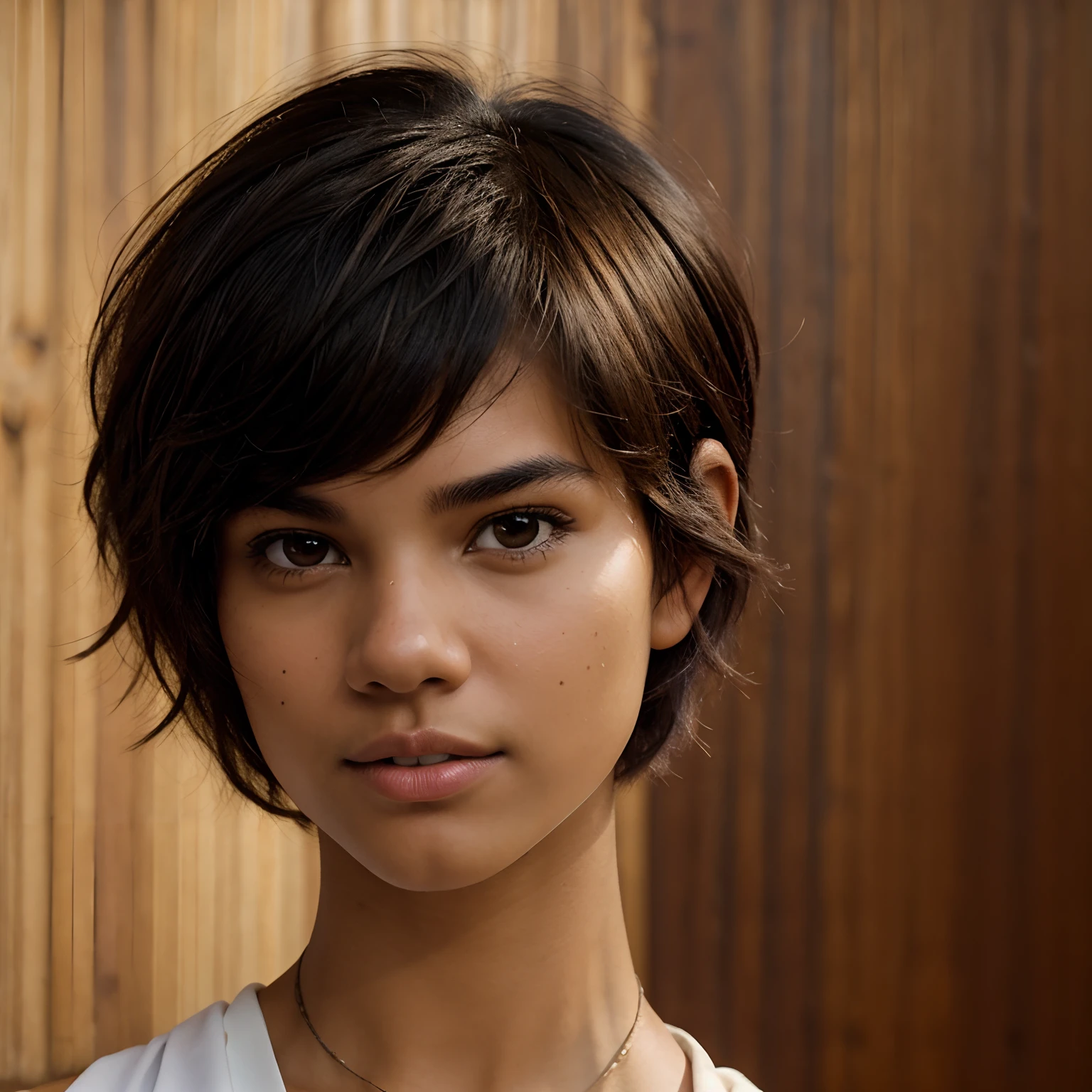 A Selfie Of An Indigenous Young Woman, ((Tupi Guarani Girl)), ((Tupinambá)), (21 Years Old), Tanned Skin Tone, ((Face Features Of Taylor Lautner)), ((Androgynous Face Features)), ((Pixie Cut Hair)), Curly Black Hair, Flowy Hairstyle, Messy Hair, Pores, Realistic Skin, Brown Eyes, Wearing Makeup, Wearing Hippie Clothing Style, Studio Background, 90s Style Photography, Mugshot, Face Focused