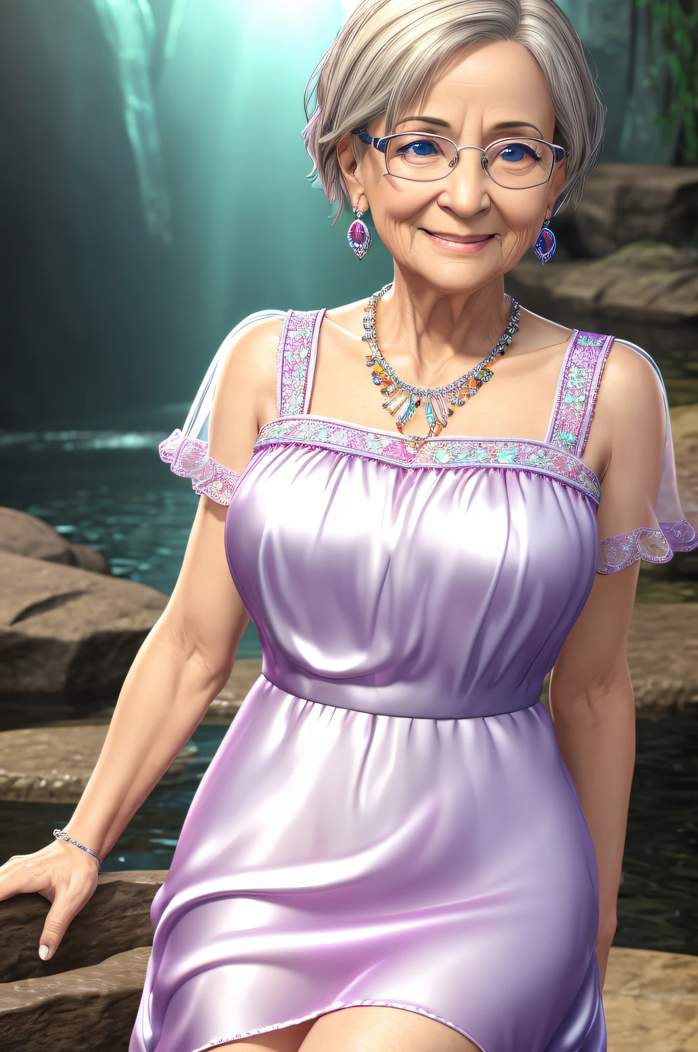 beautiful old woman in cavern pond, full body view, rainbow color theme, (clear eyes), (cinematic lighting), [detailed ambient light], [detailed face and eyes], (small_breasts), short hair, silk dress, wet dress, eyeglasses, jewelry, earrings, smile, shy, ((looking at viewer)), ((higher body and limbs detail):0.9), (realistic proportions), (sharp focus:0.9), (masterpiece), multi-tone, Ultra realistic, highest quality, ultra detail, adorable, absurd res, fantasy,