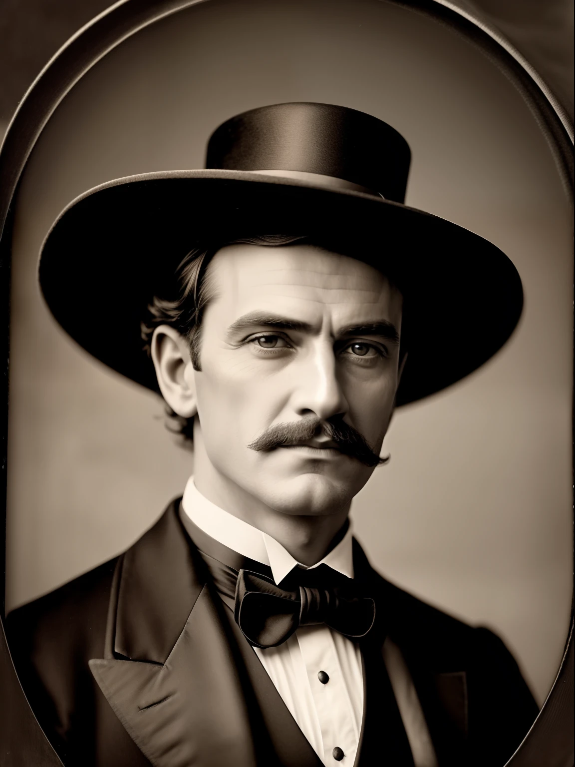 (Masterpiece) Close up of an insanely handsome Victorian gentleman wearing a tuxedo and a hice hat, vintage sepia photography, outdoor photography, extremely inviting look, front look, looking at the camera, very old and torned photo