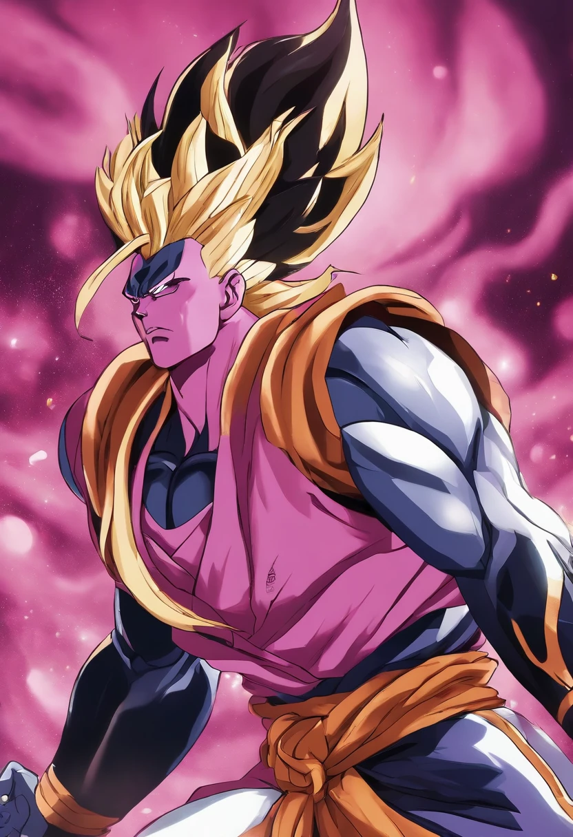 Full body image "(Highest quality, 8k, ultra-detailed, Realistic:1.2), Portraiture, Dragon Ball,majin vegeta, Muscular, Calm, Face contorted in pain, detailed, Blonde, strict, Intimidating, Powerful, Show off his strength", Brainwashed and possessed by Majin Buu