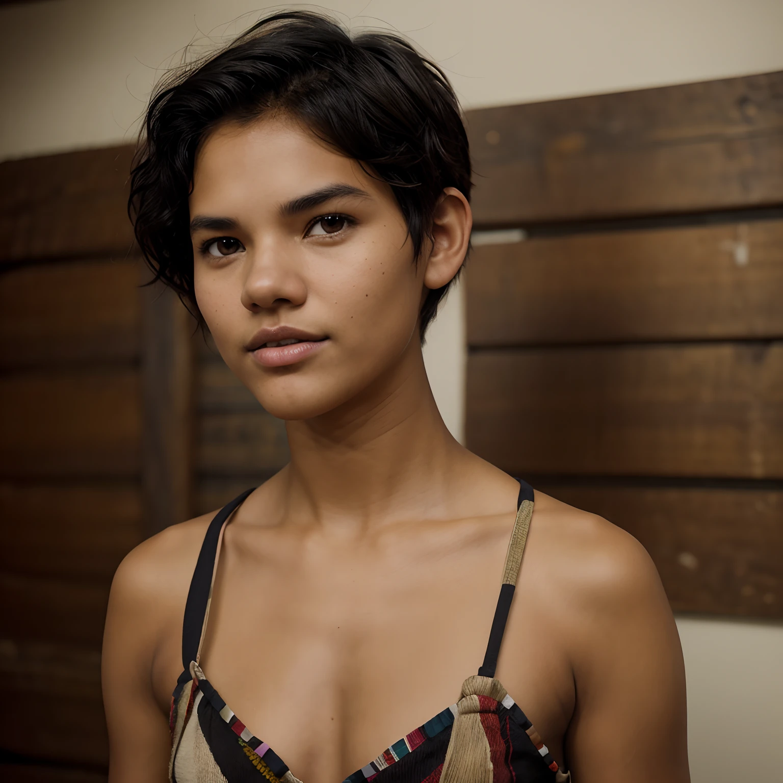 A Photo Of An Indigenous Young Woman, ((Tupi Guarani Girl)), ((Tupinambá)), (21 Years Old), Tanned Skin Tone, ((Face Features Of Taylor Lautner)), ((Androgynous Face Features)), ((Pixie Cut Hair)), Curly Black Hair, Flowy Hairstyle, Messy Hair, Pores, Realistic Skin, Brown Eyes, Wearing Makeup, Wearing Hippie Clothing Style, Simple Studio Background, Mugshot, Face Focused